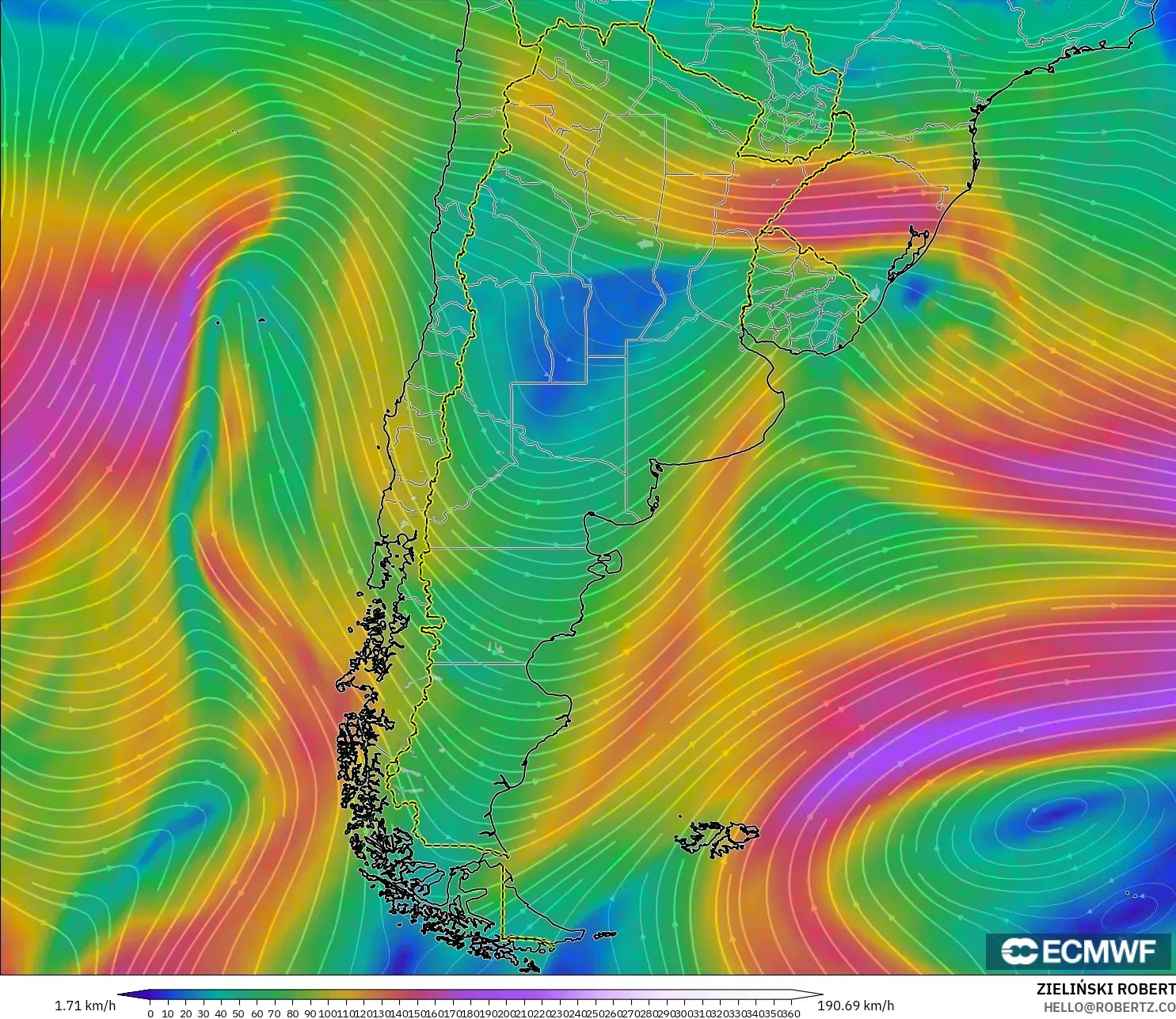ECMWF IFS 0.25° model - Argentina, Wind at 300hPa (jet stream)