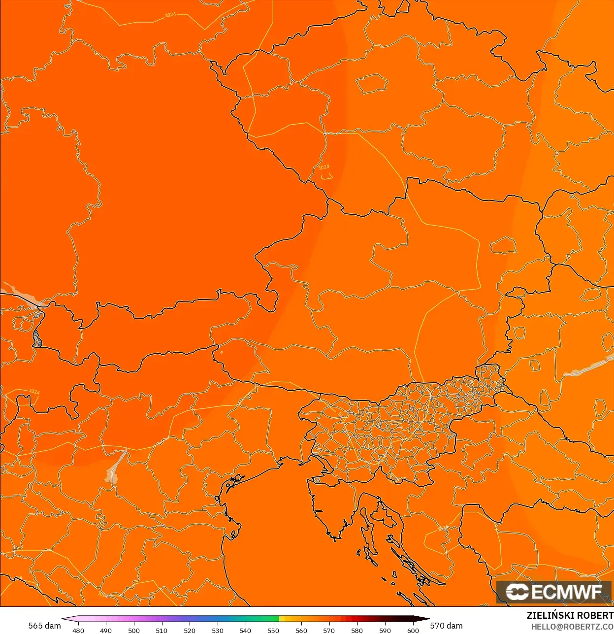 ECMWF IFS 0.25° model - Austria, Geopotential height at 500hPa