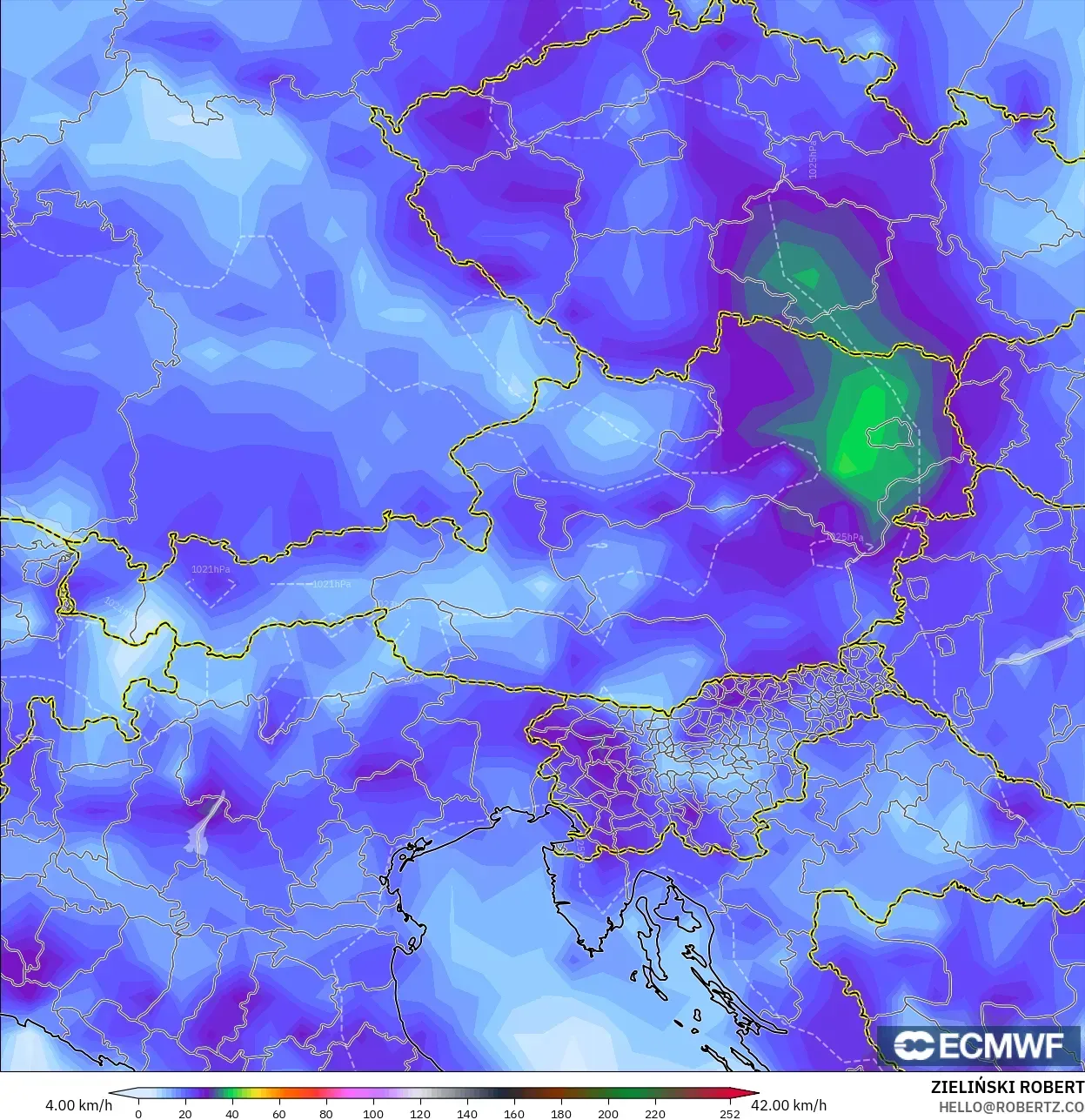 ECMWF IFS 0.25° model - Austria, Wind Gusts