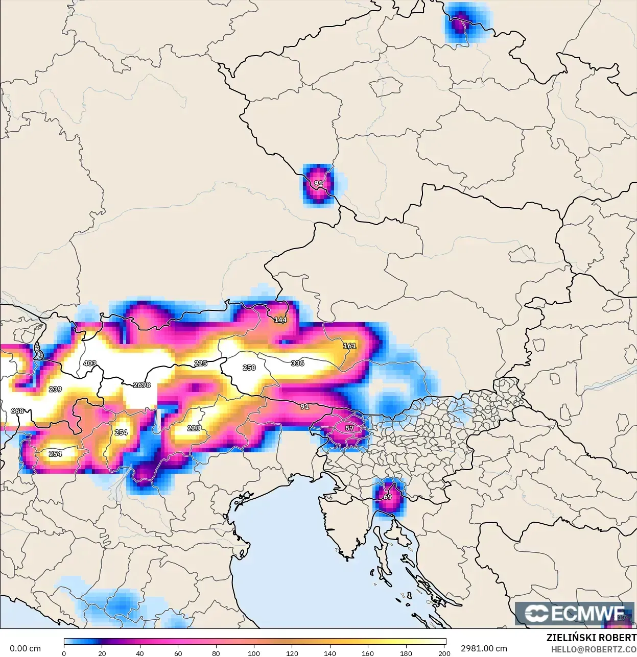 ECMWF IFS 0.25° model - Austria, Snow Depth