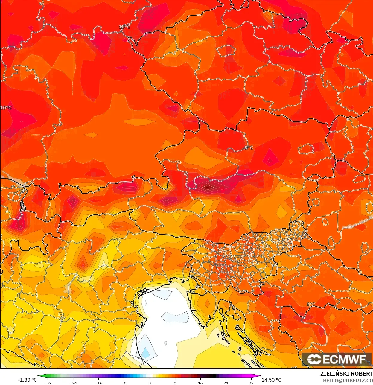 ECMWF IFS 0.25° model - Austria, Temperature at 2m Anomaly