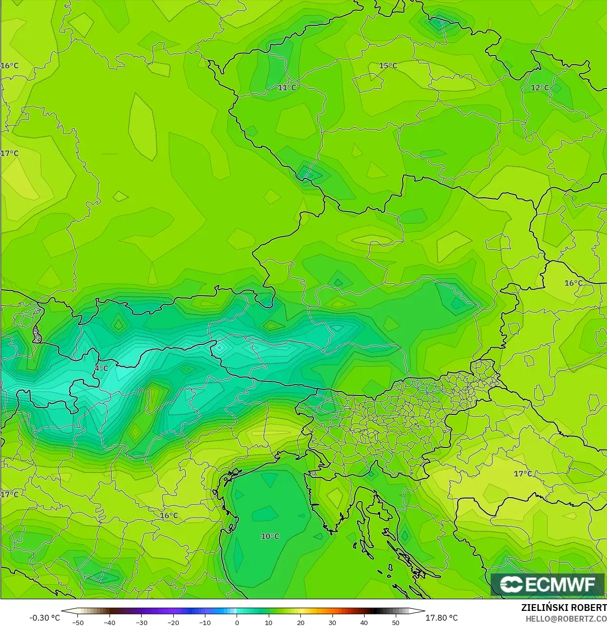 ECMWF IFS 0.25° model - Austria, Temperature at 2m
