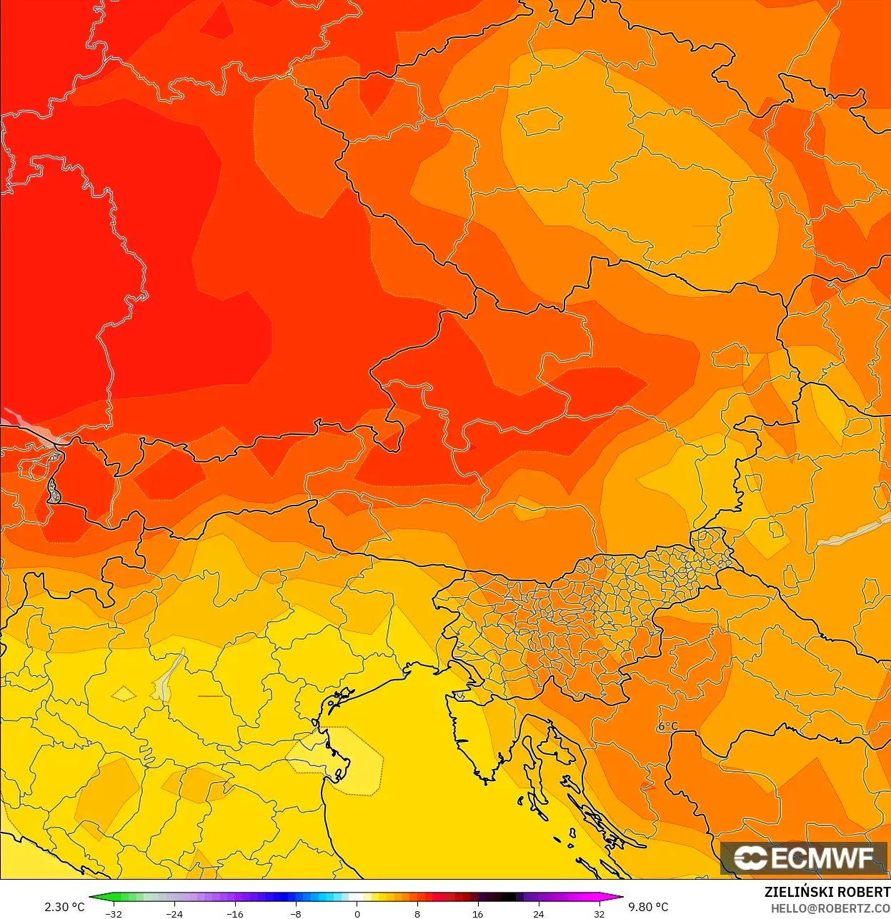 ECMWF IFS 0.25° model - Austria, Temperature at 850hPa Anomaly