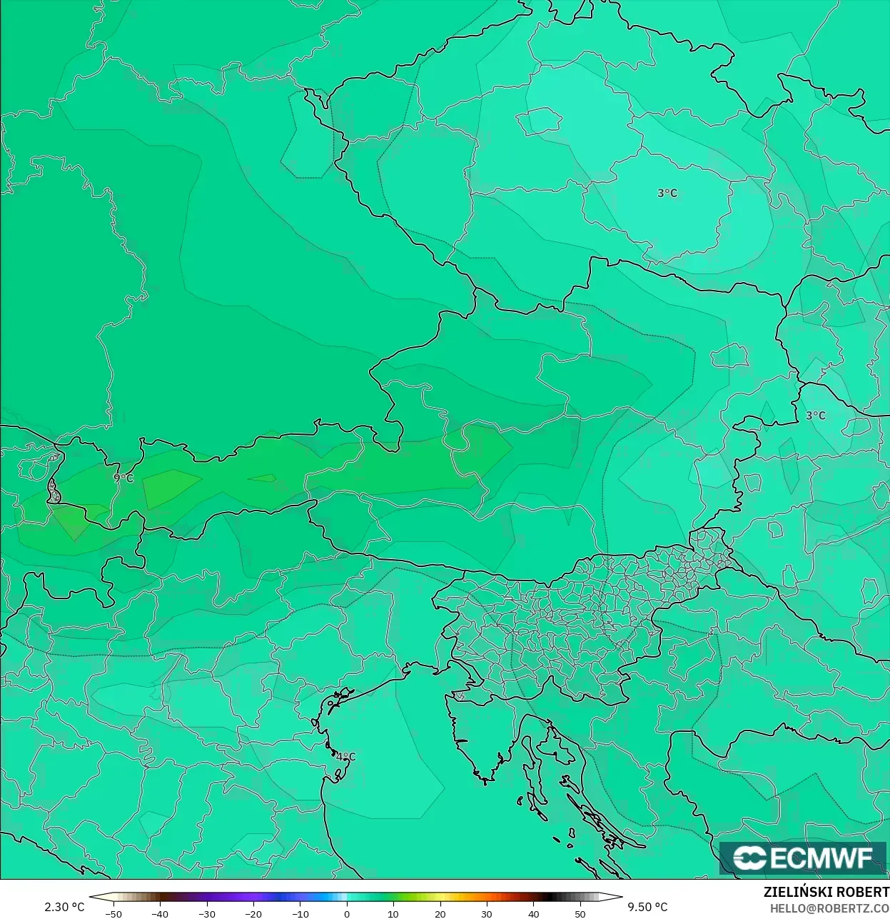 ECMWF IFS 0.25° model - Austria, Temperature at 850hPa