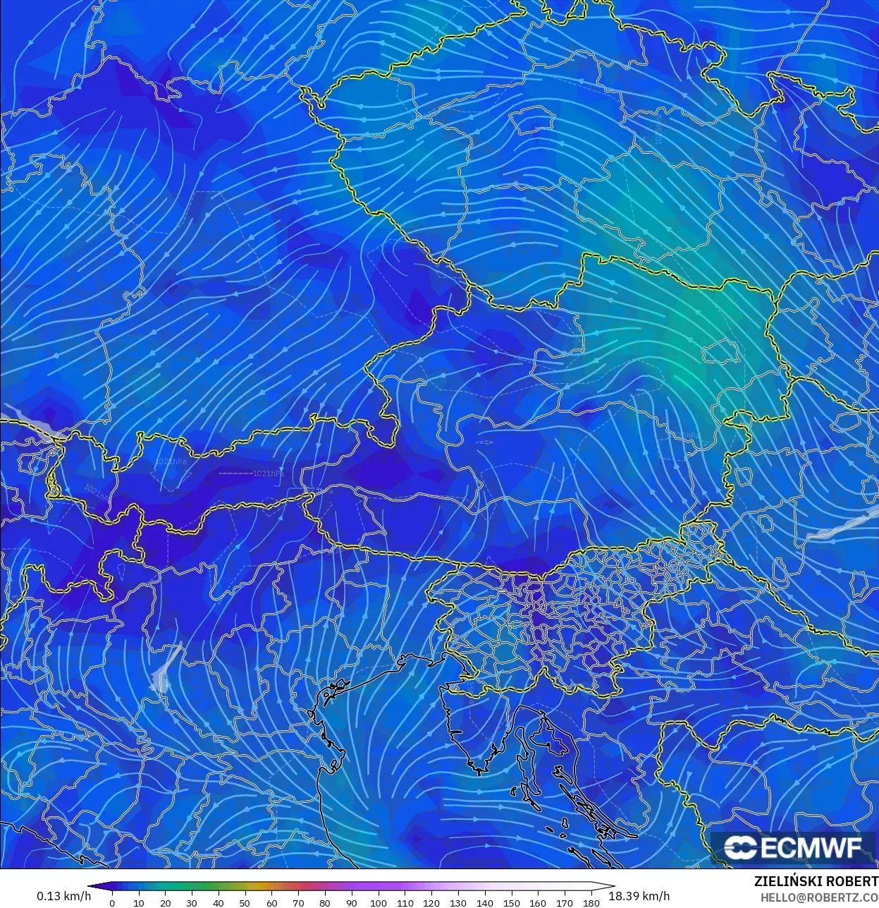 ECMWF IFS 0.25° model - Austria, Wind at 10m