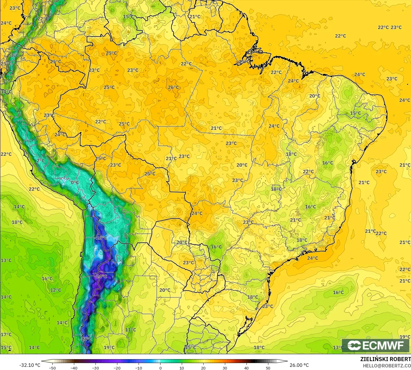 ECMWF IFS 0.25° model - Brazil, Dewpoint at 2m