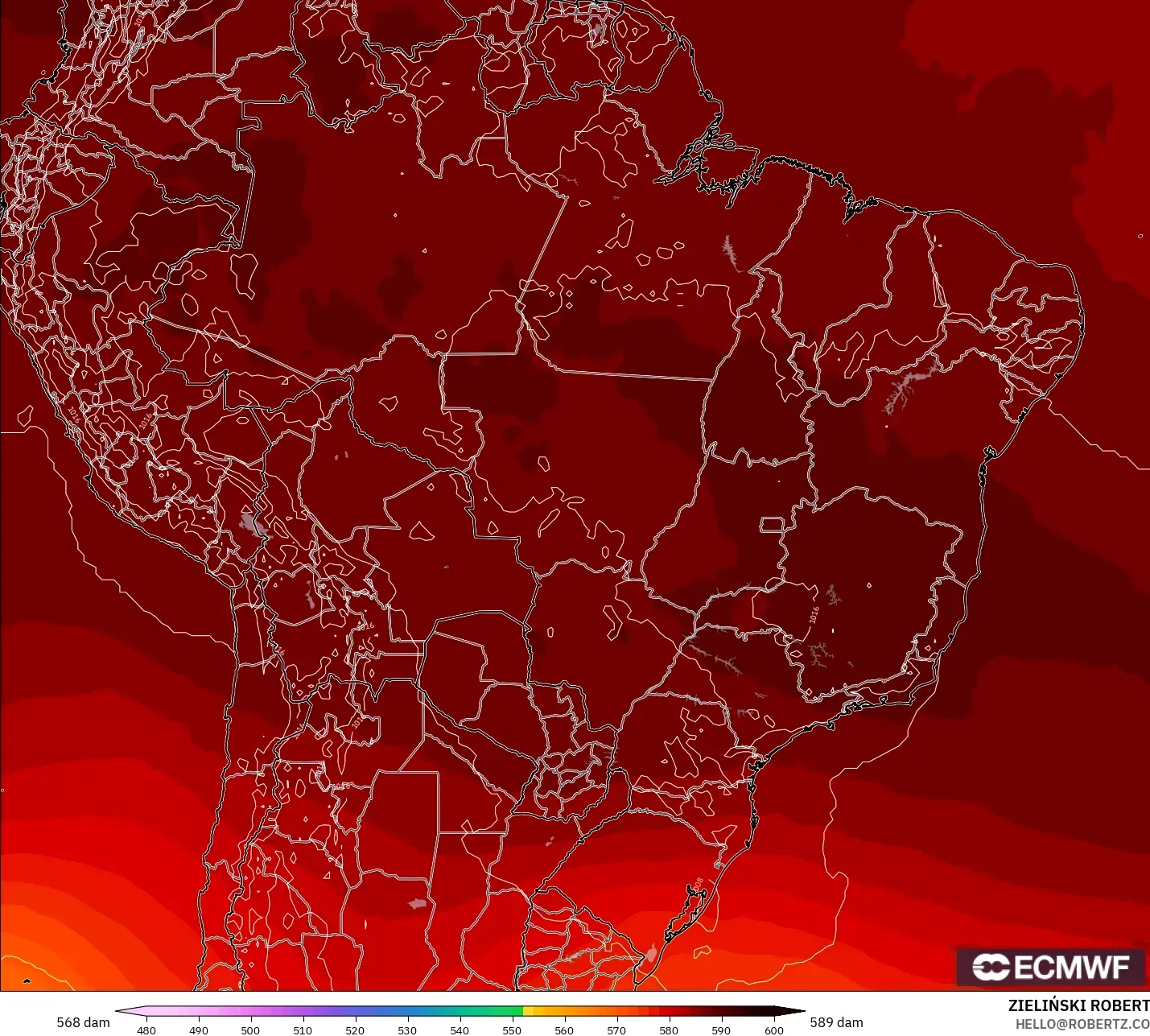 ECMWF IFS 0.25° model - Brazil, Geopotential height at 500hPa