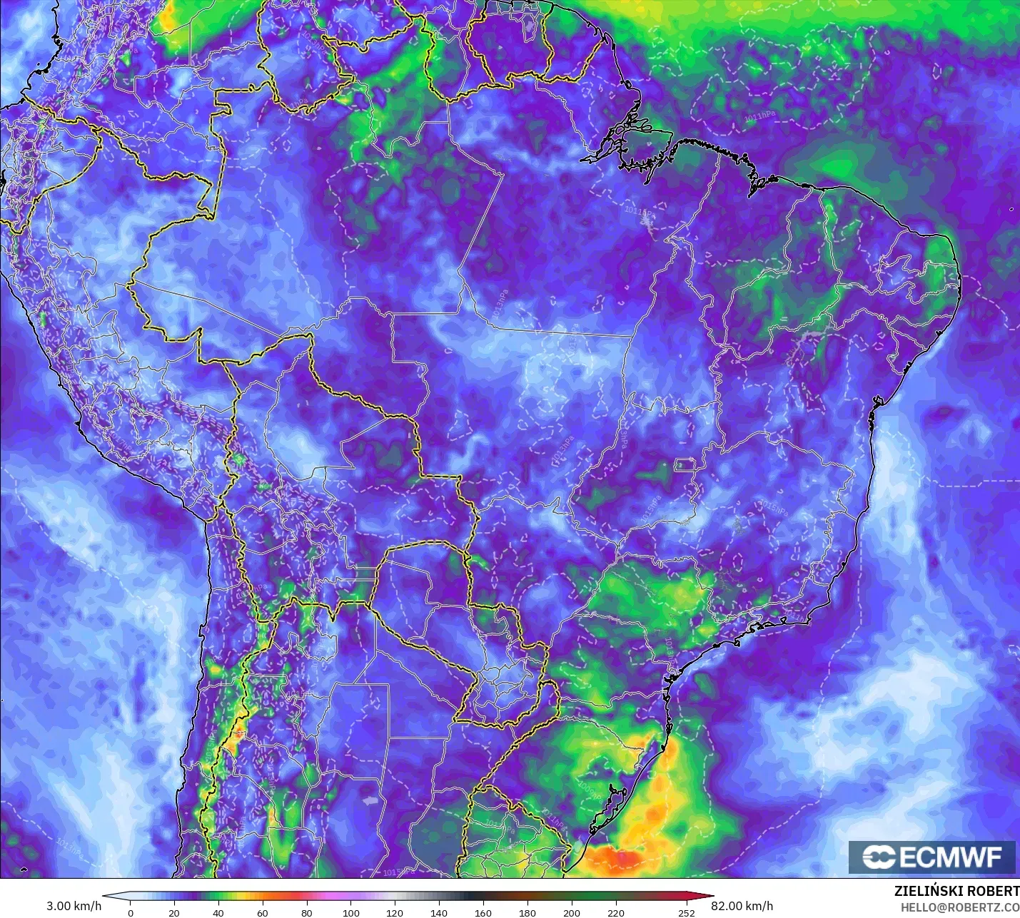 ECMWF IFS 0.25° model - Brazil, Wind Gusts Peak