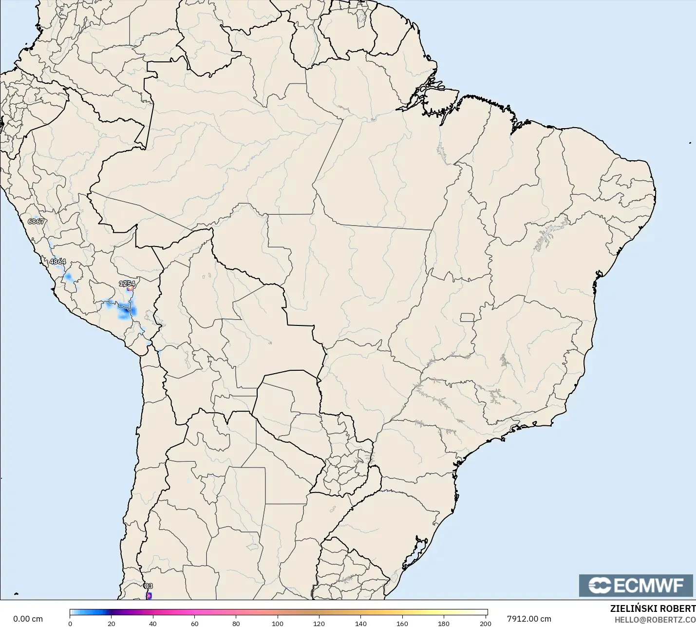 ECMWF IFS 0.25° model - Brazil, Snow Depth