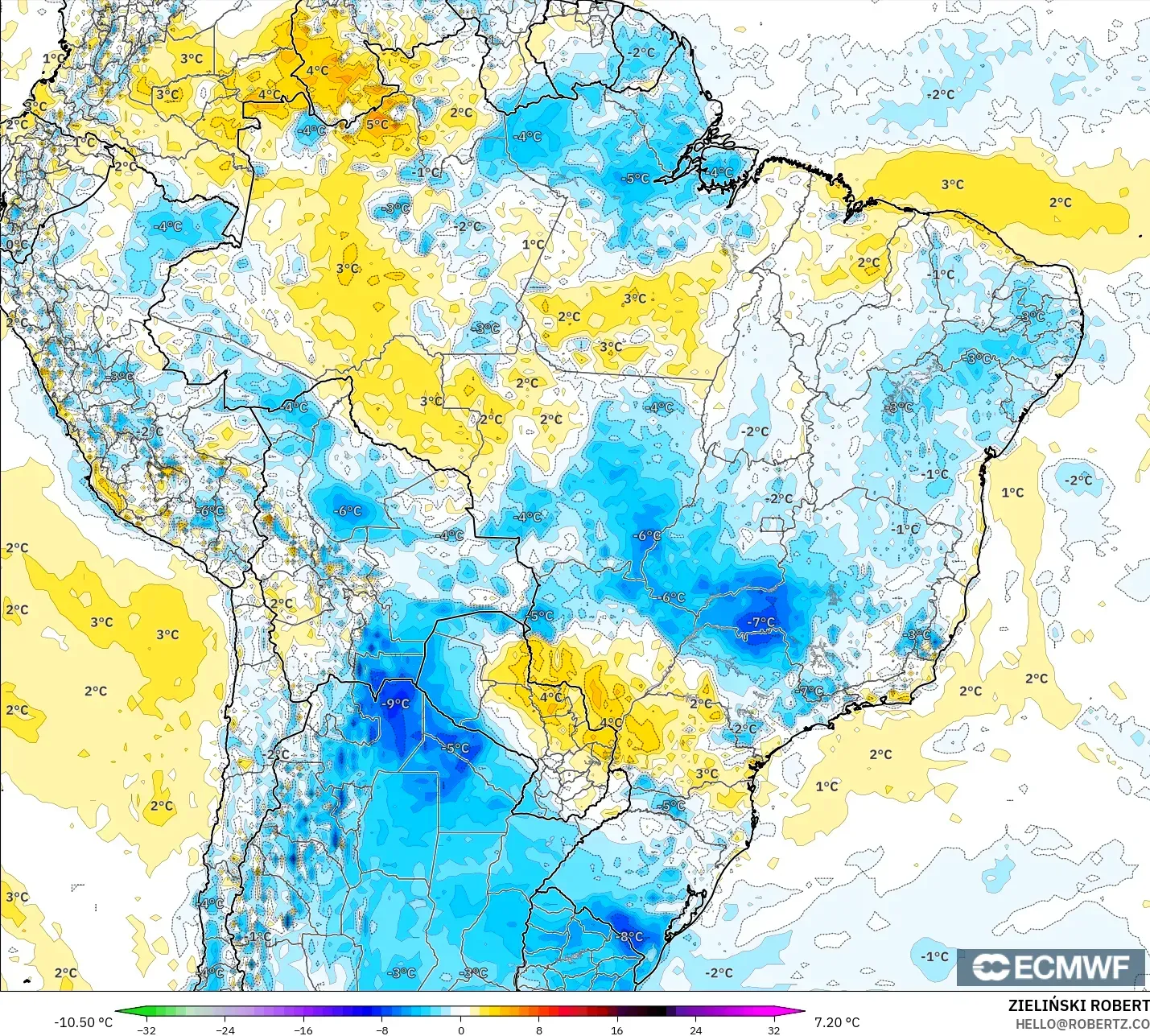 ECMWF IFS 0.25° model - Brazil, Temperature at 2m Anomaly