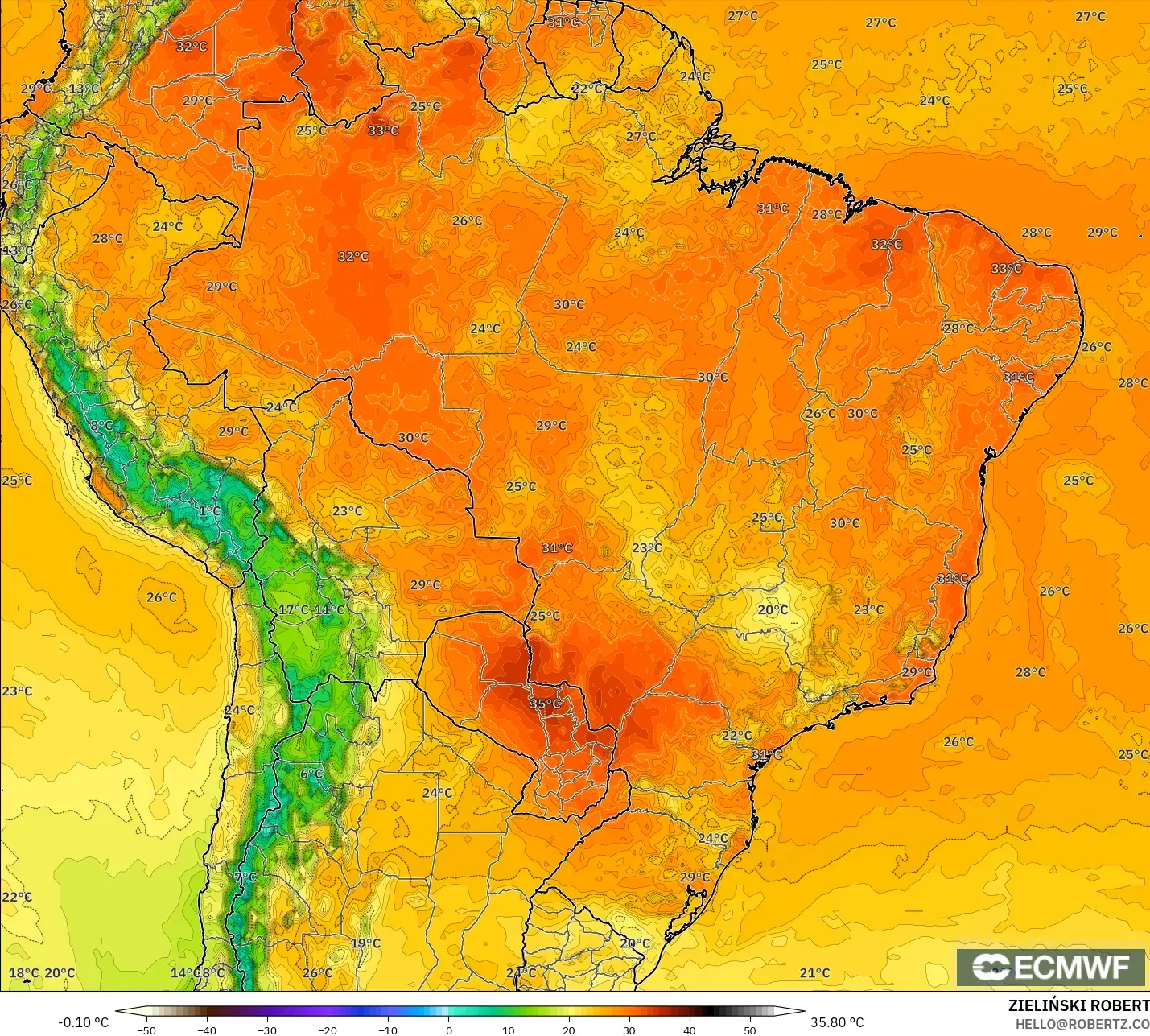 ECMWF IFS 0.25° model - Brazil, Temperature at 2m