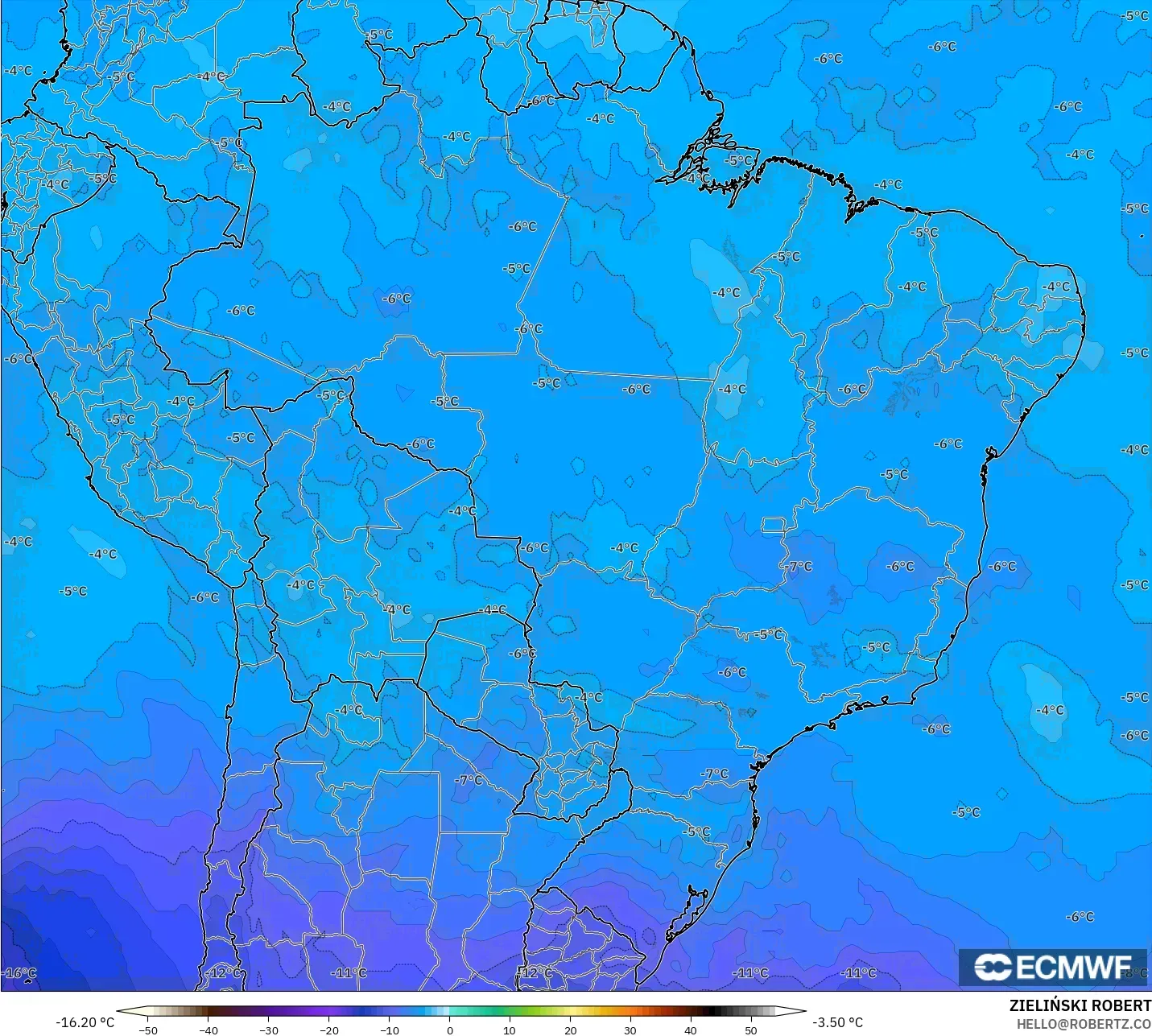 ECMWF IFS 0.25° model - Brazil, Temperature at 500hPa
