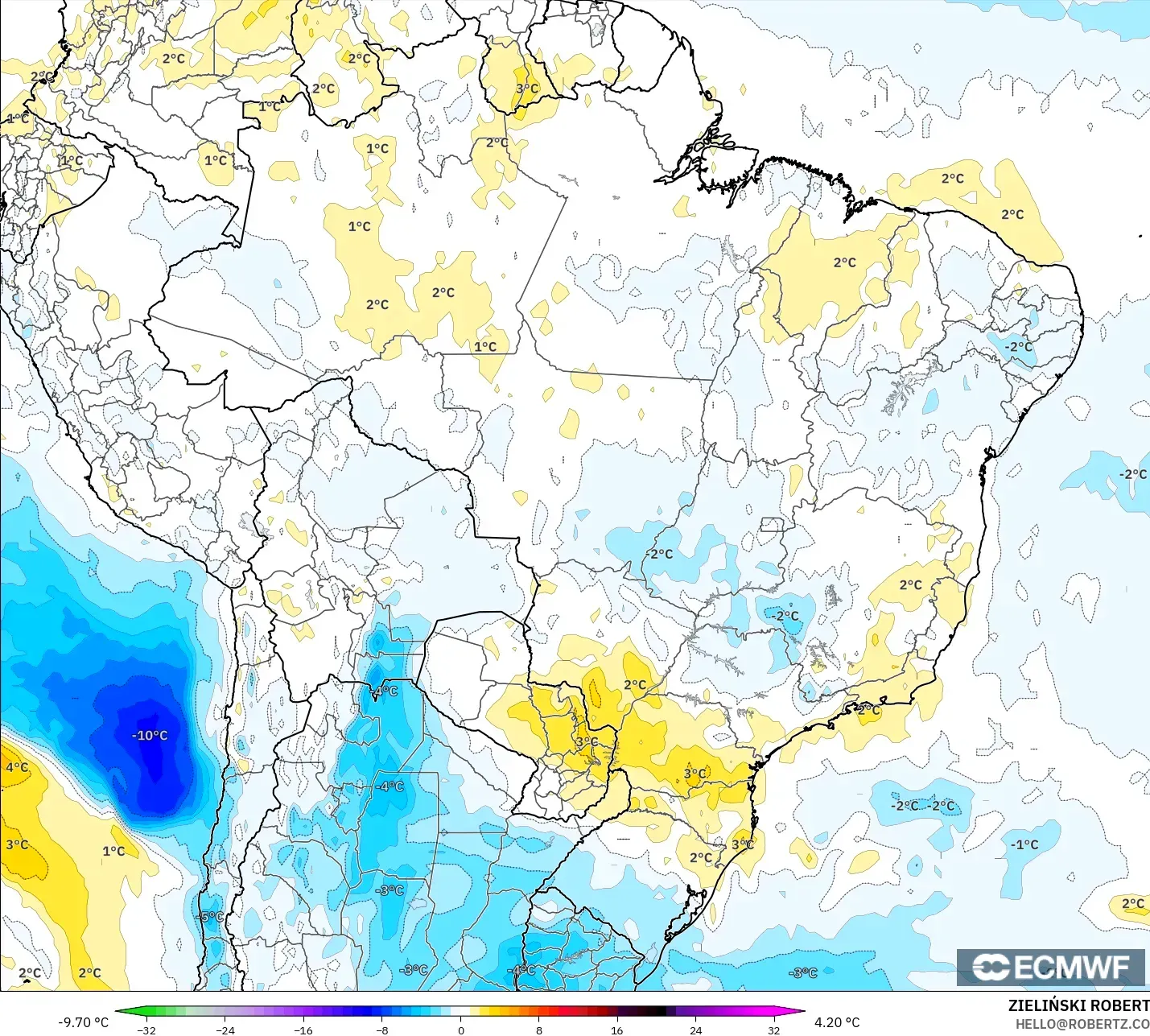 ECMWF IFS 0.25° model - Brazil, Temperature at 850hPa Anomaly