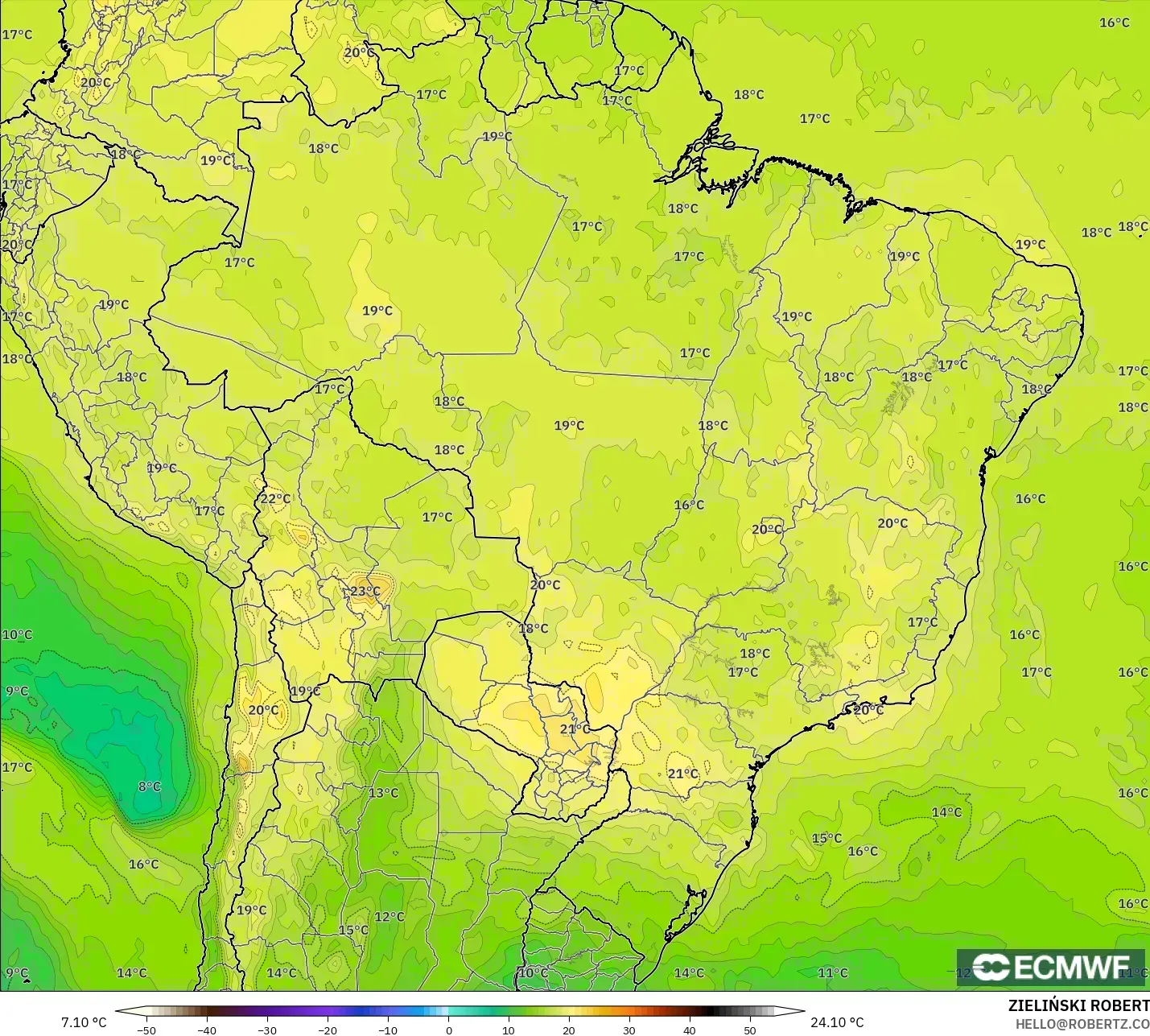 ECMWF IFS 0.25° model - Brazil, Temperature at 850hPa