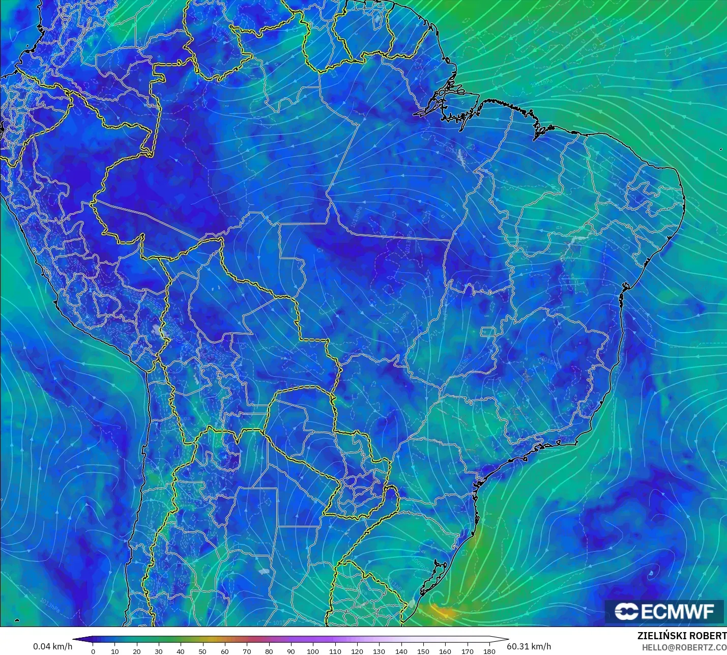 ECMWF IFS 0.25° model - Brazil, Wind at 10m