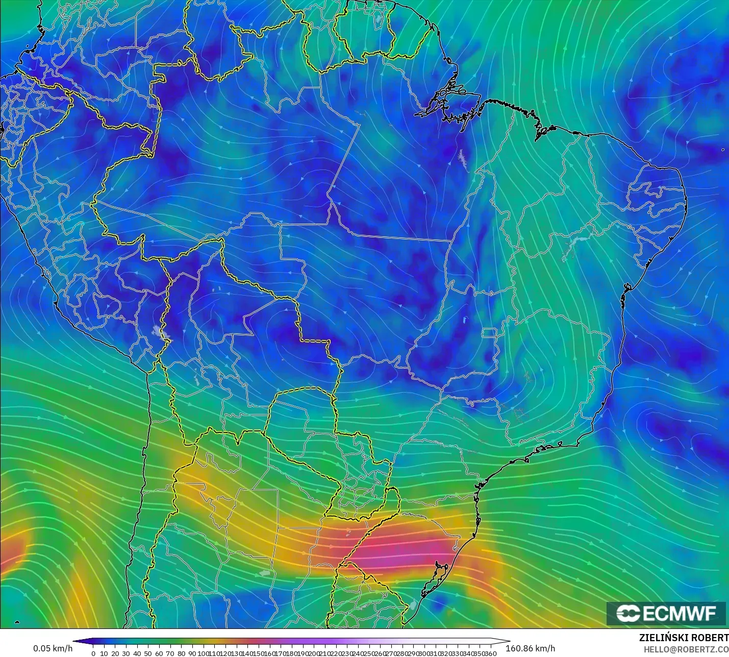 ECMWF IFS 0.25° model - Brazil, Wind at 300hPa (jet stream)