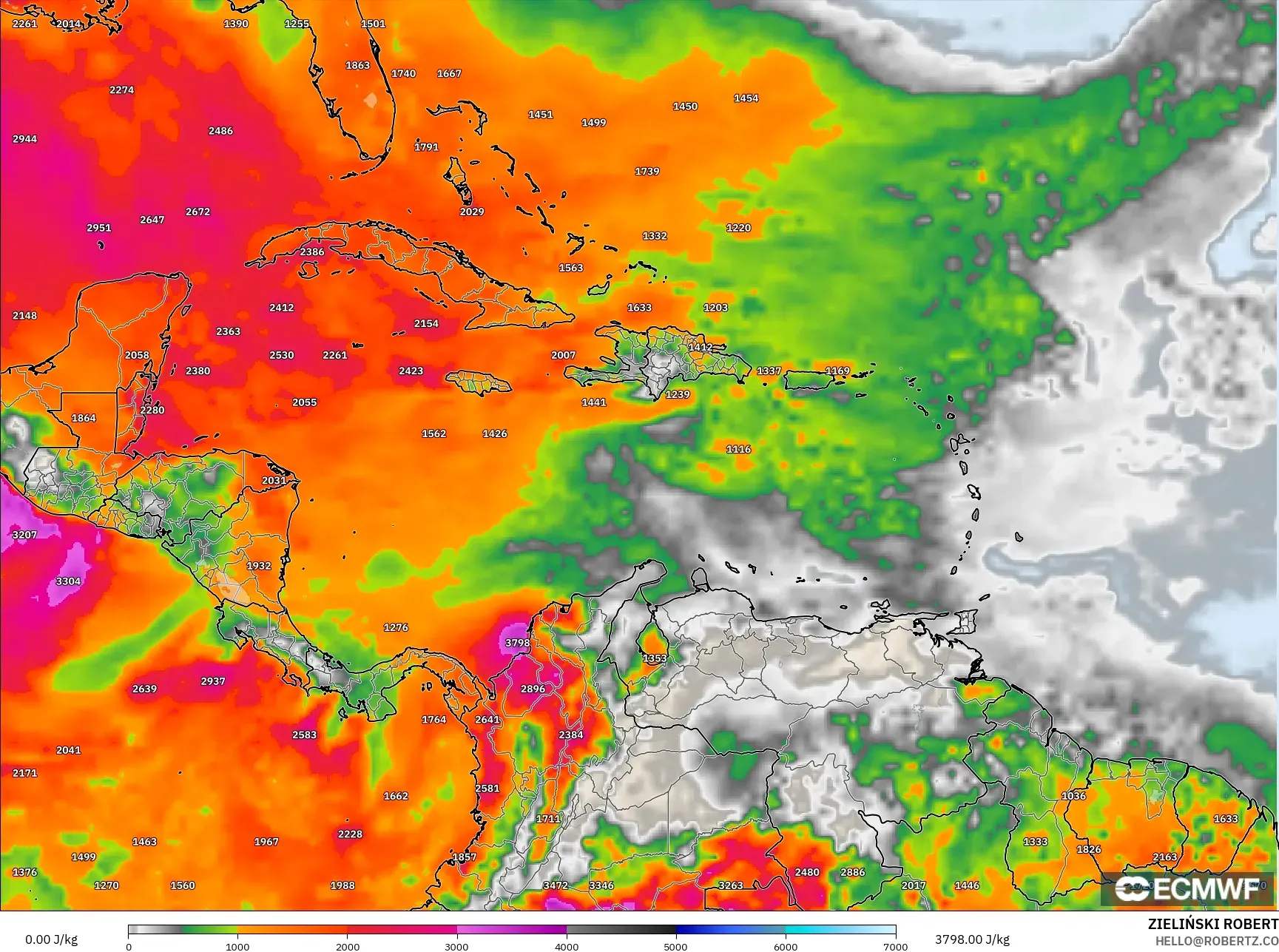 ECMWF IFS 0.25° model - Caribbean, CAPE