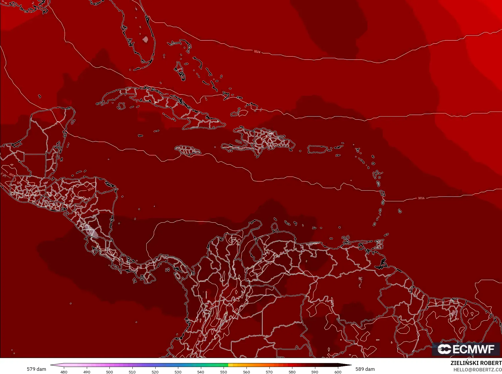 ECMWF IFS 0.25° model - Caribbean, Geopotential height at 500hPa