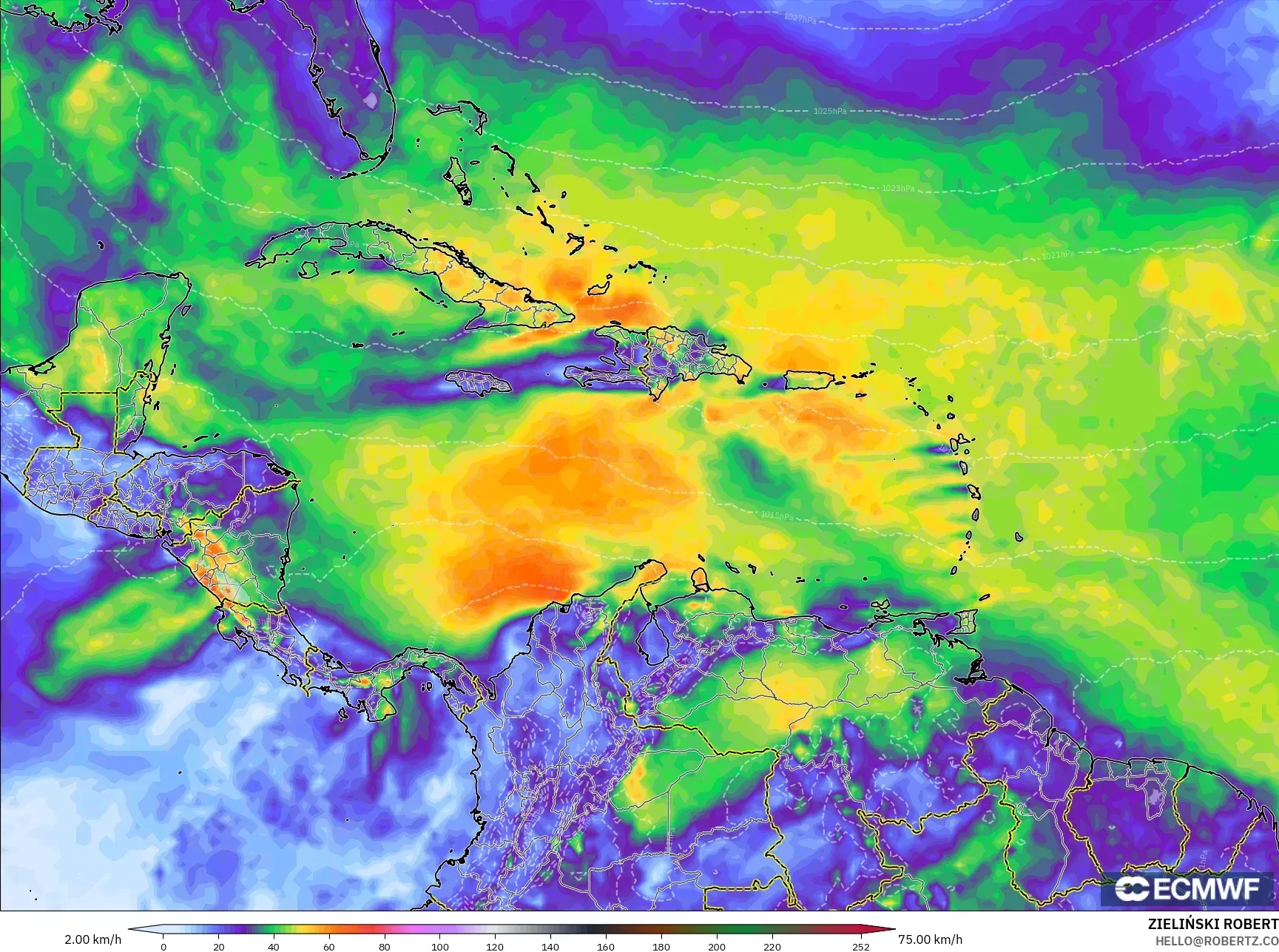 ECMWF IFS 0.25° model - Caribbean, Wind Gusts Peak
