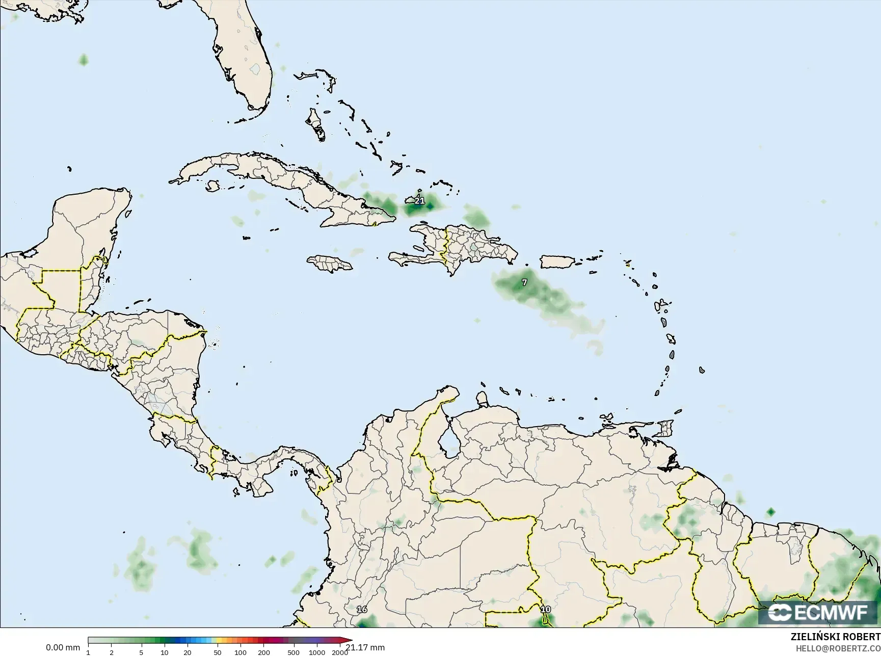 ECMWF IFS 0.25° model - Caribbean, Precipitation Accumulation