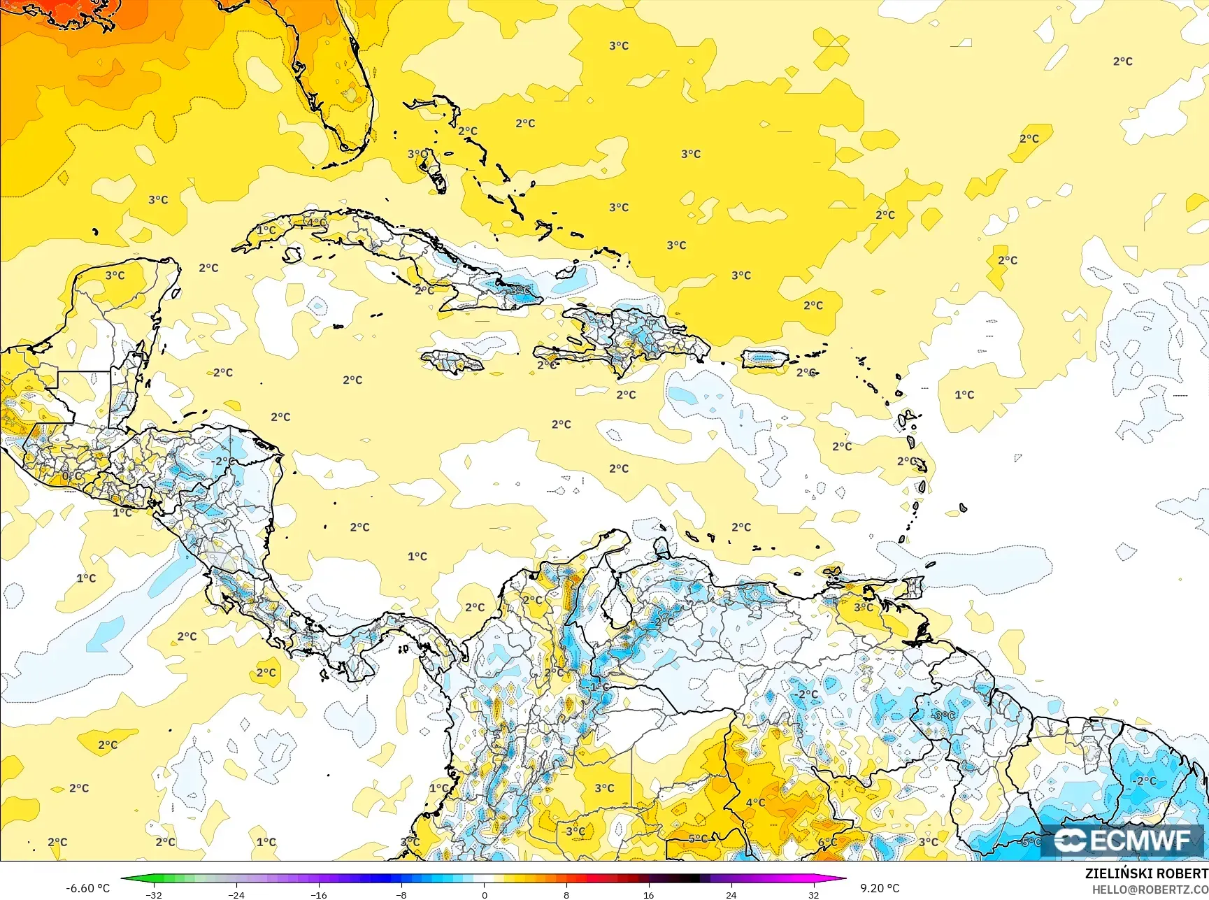 ECMWF IFS 0.25° model - Caribbean, Temperature at 2m Anomaly