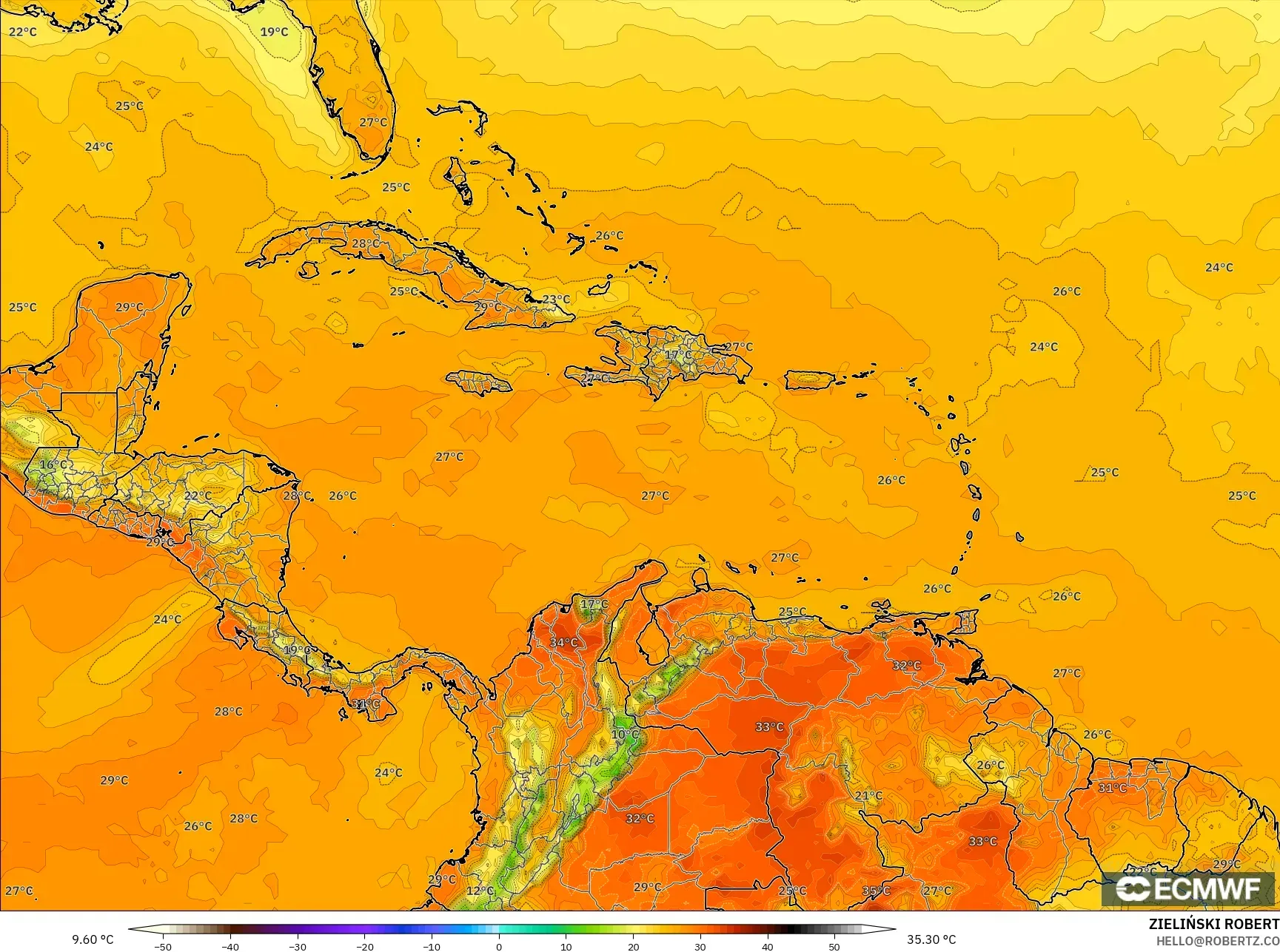 ECMWF IFS 0.25° model - Caribbean, Temperature at 2m