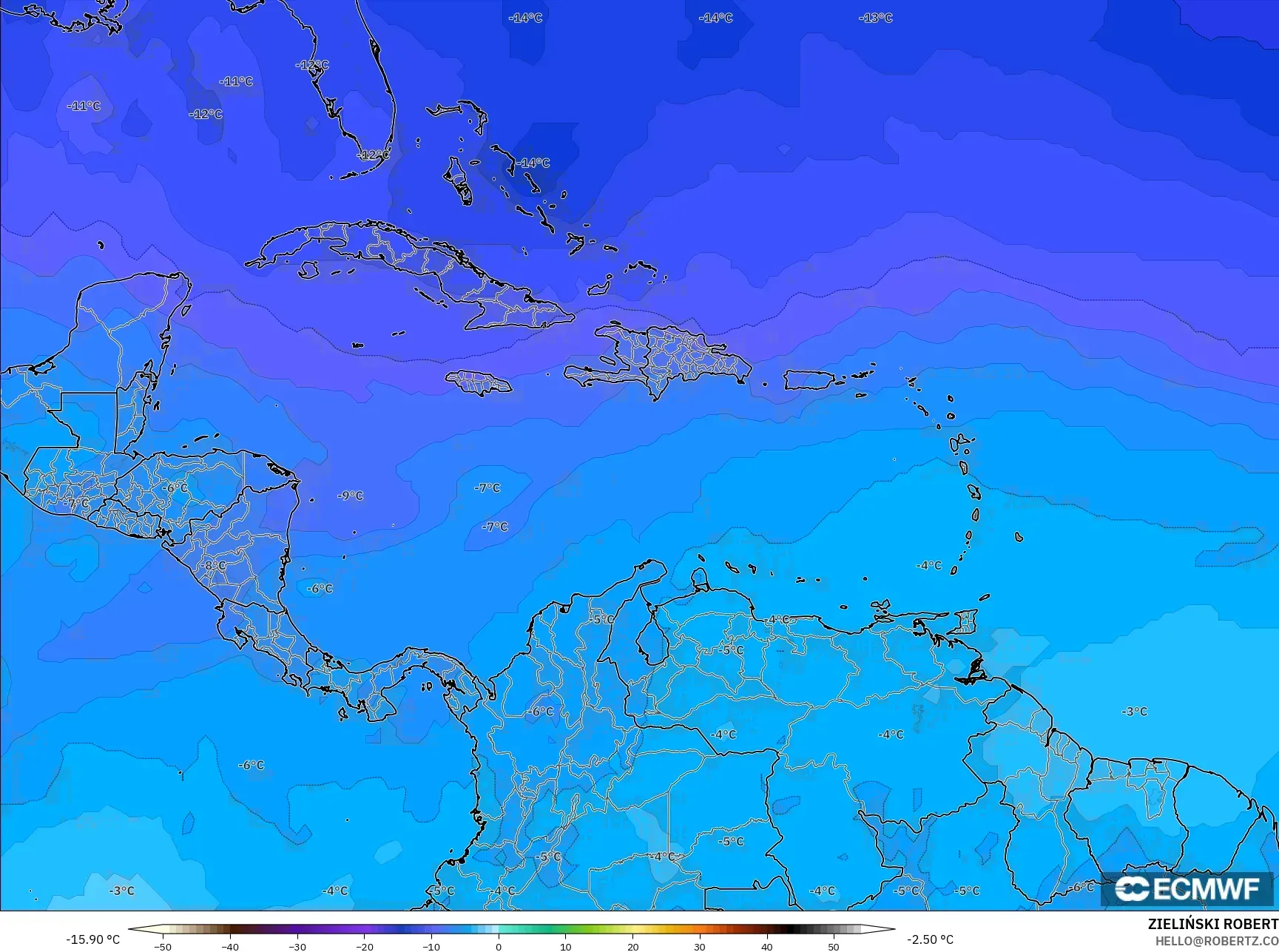 ECMWF IFS 0.25° model - Caribbean, Temperature at 500hPa