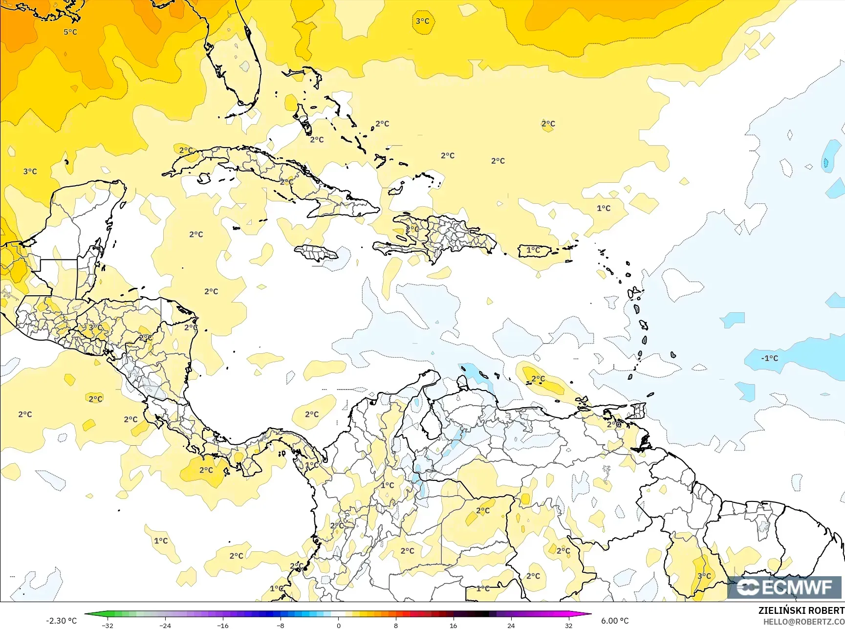 ECMWF IFS 0.25° model - Caribbean, Temperature at 850hPa Anomaly