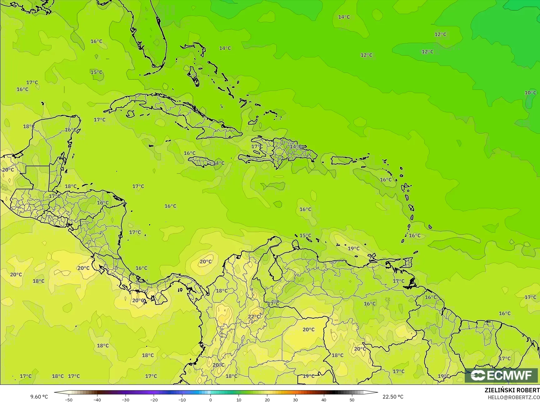 ECMWF IFS 0.25° model - Caribbean, Temperature at 850hPa