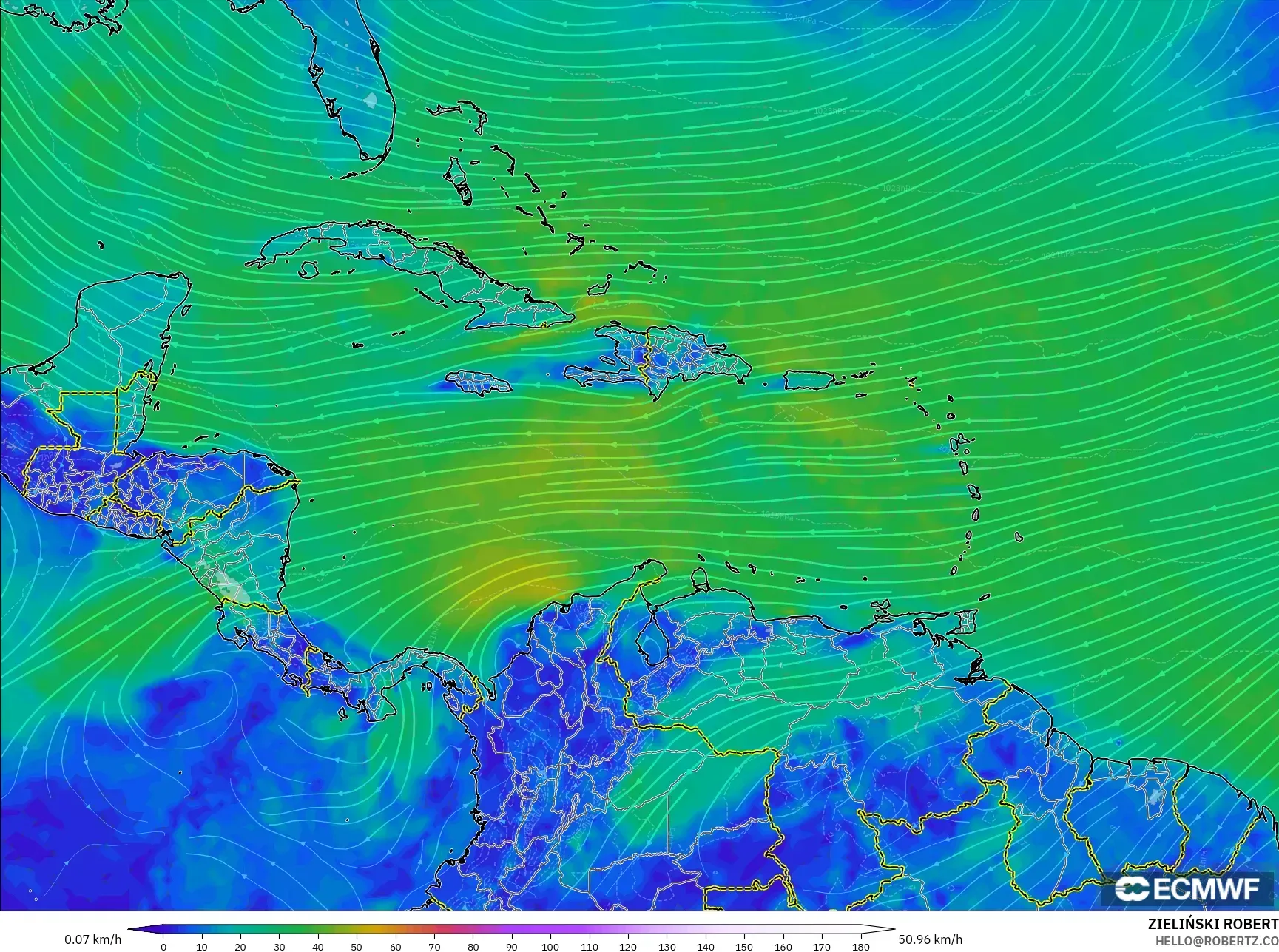 ECMWF IFS 0.25° model - Caribbean, Wind at 10m