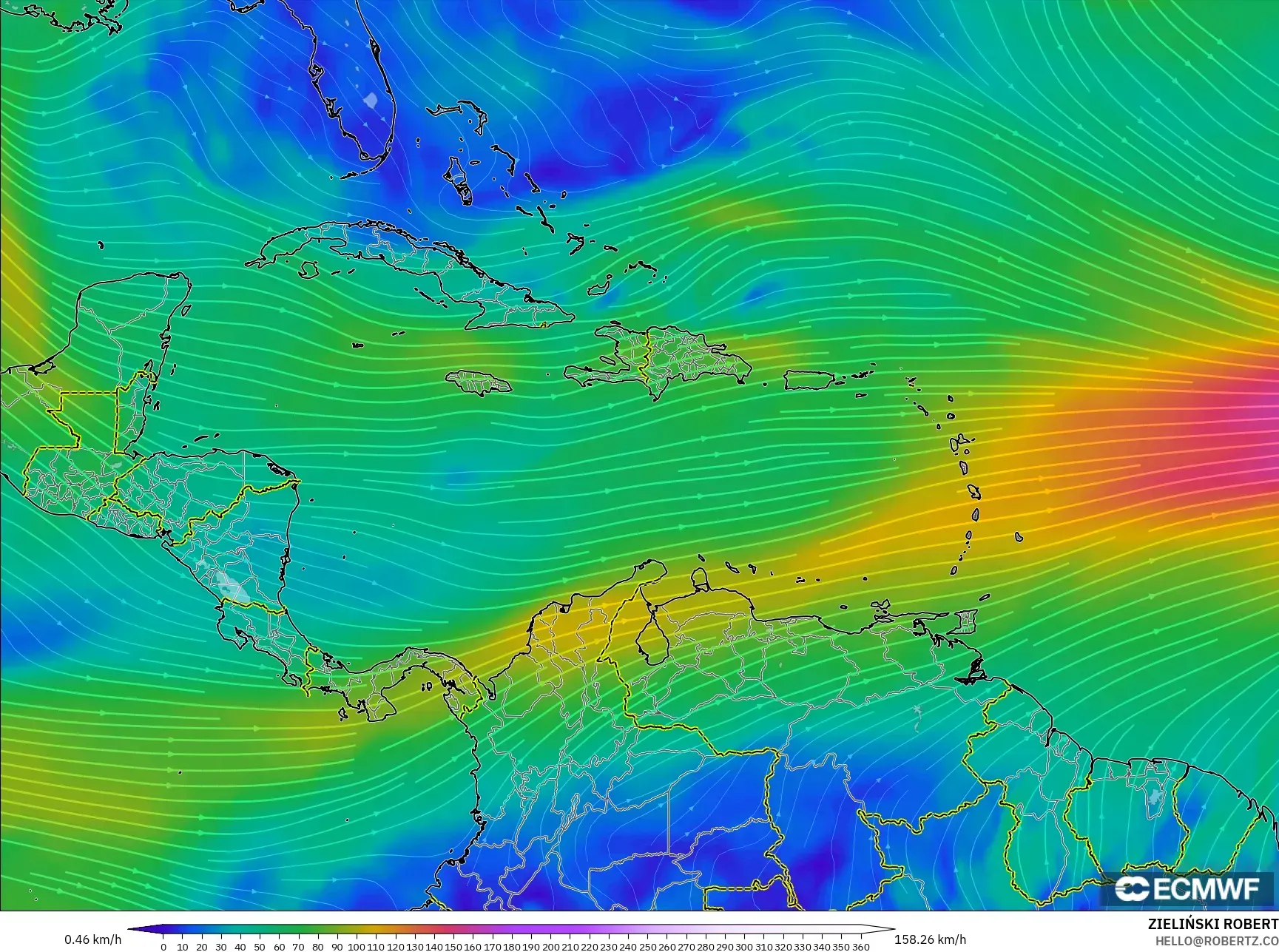 ECMWF IFS 0.25° model - Caribbean, Wind at 300hPa (jet stream)