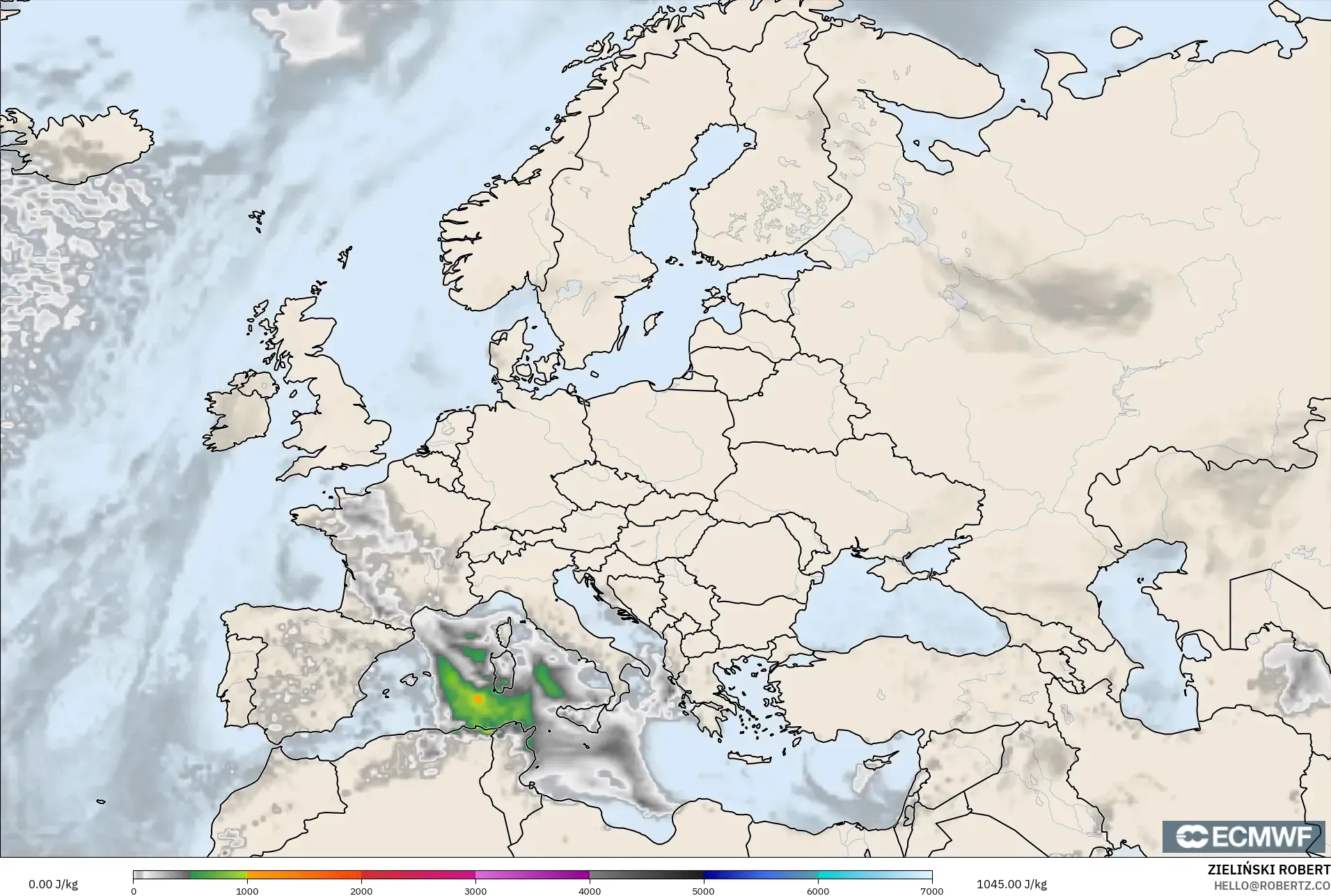 ECMWF IFS 0.25° model - Europe, CAPE