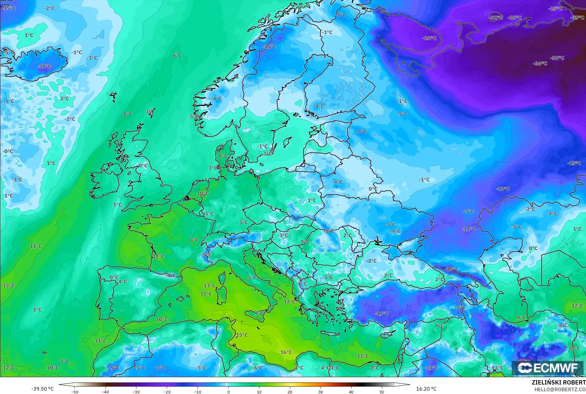 ECMWF IFS 0.25° model - Europe, Dewpoint at 2m