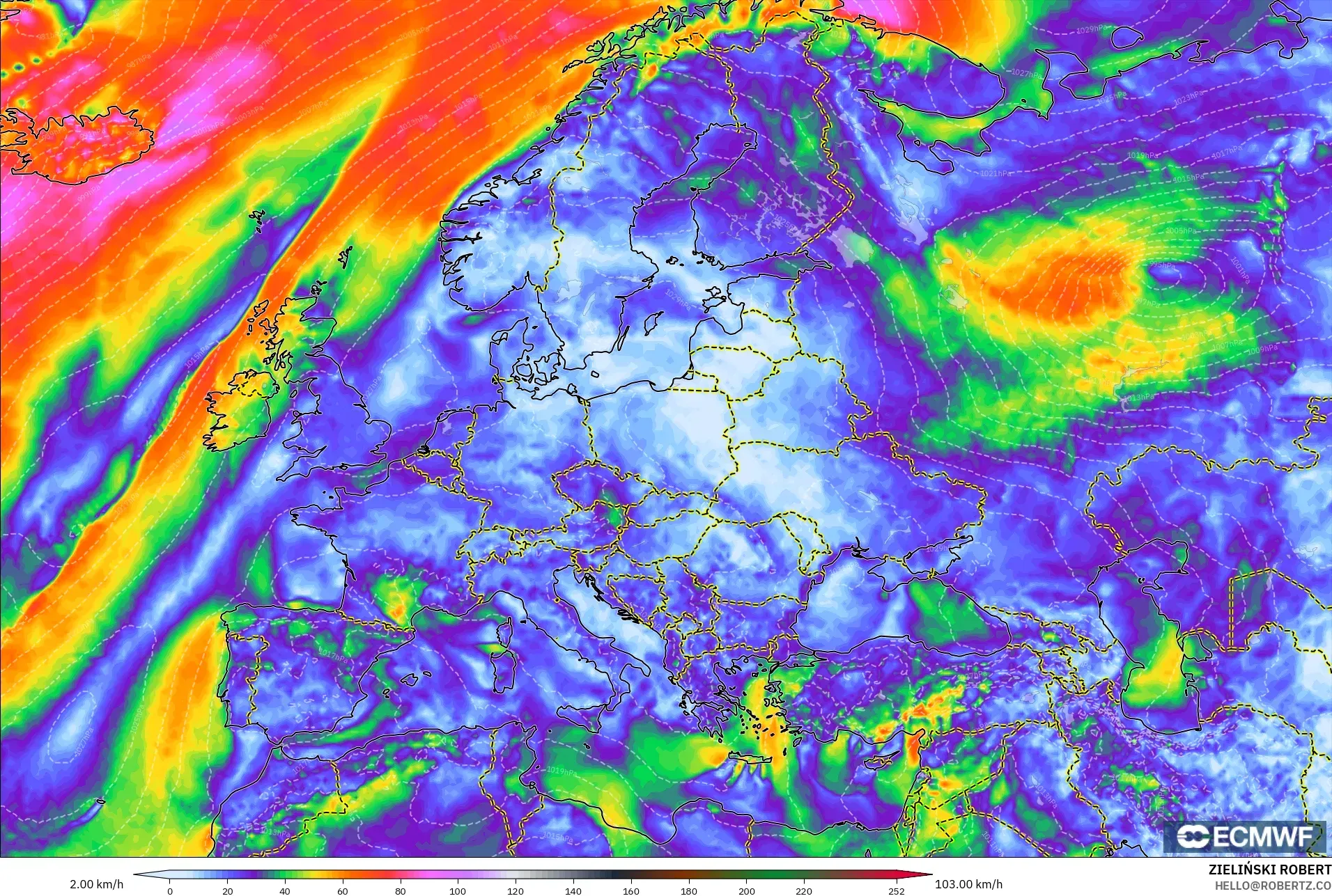 ECMWF IFS 0.25° model - Europe, Wind Gusts Peak