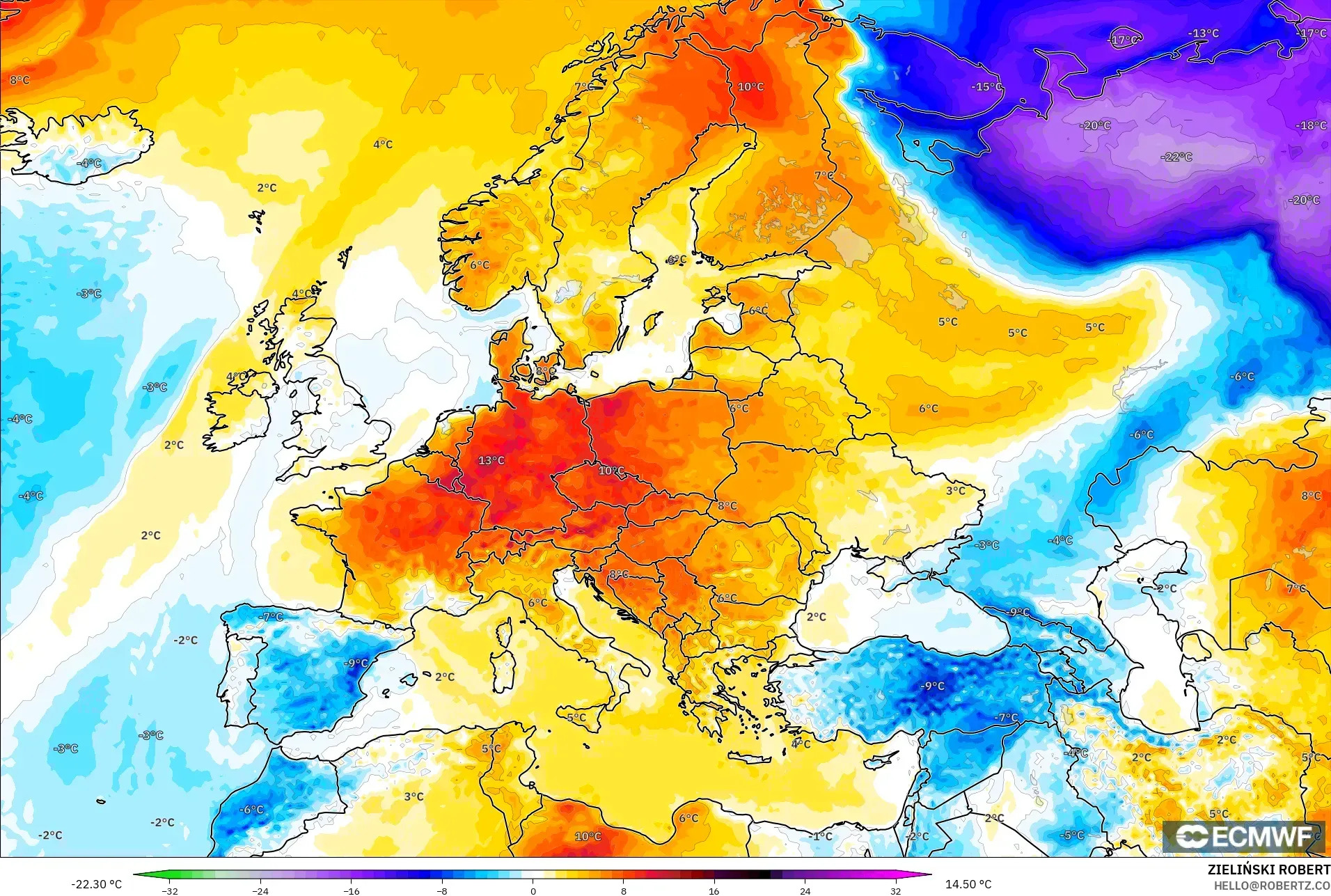 ECMWF IFS 0.25° model - Europe, Temperature at 2m Anomaly