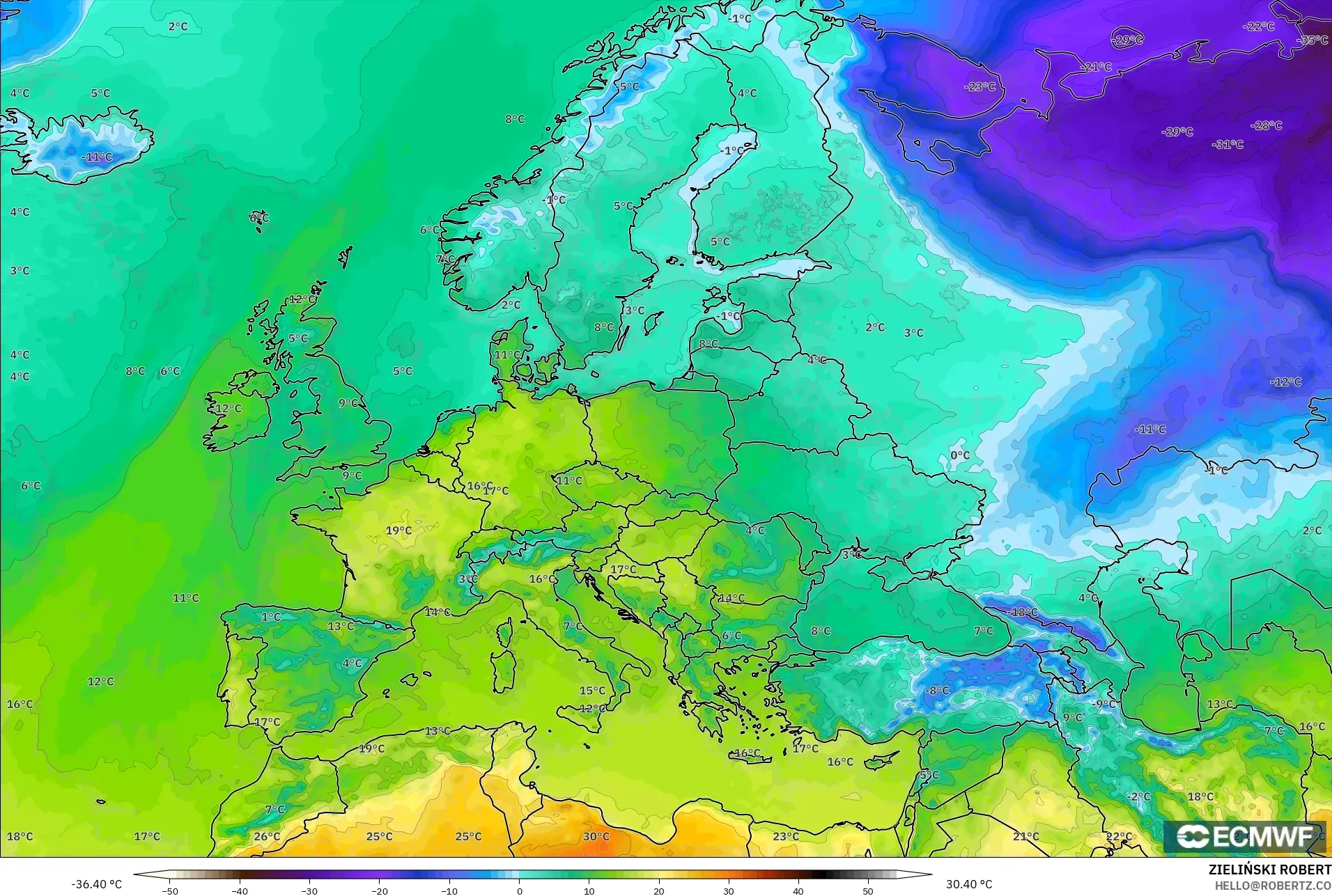 ECMWF IFS 0.25° model - Europe, Temperature at 2m