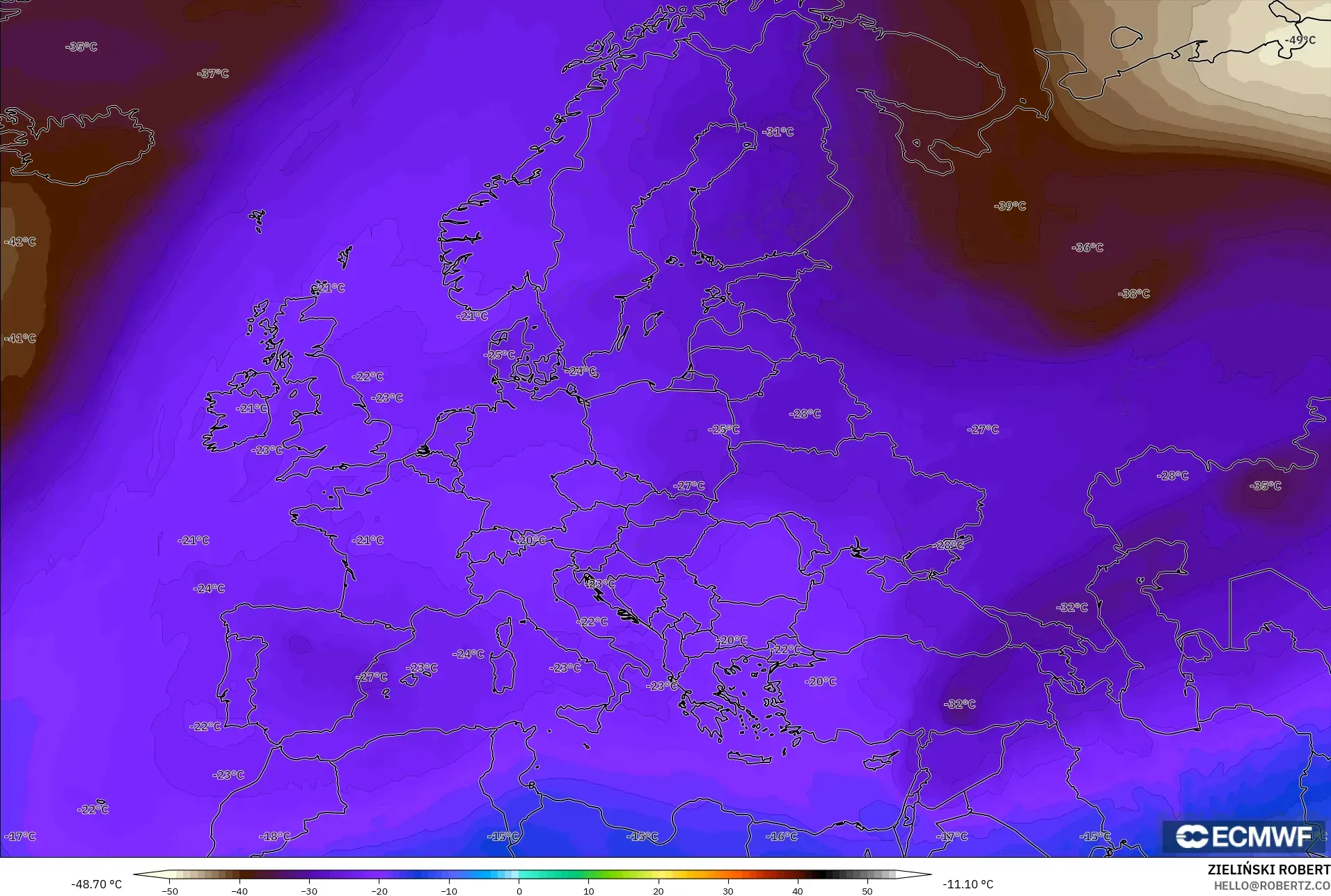 ECMWF IFS 0.25° model - Europe, Temperature at 500hPa
