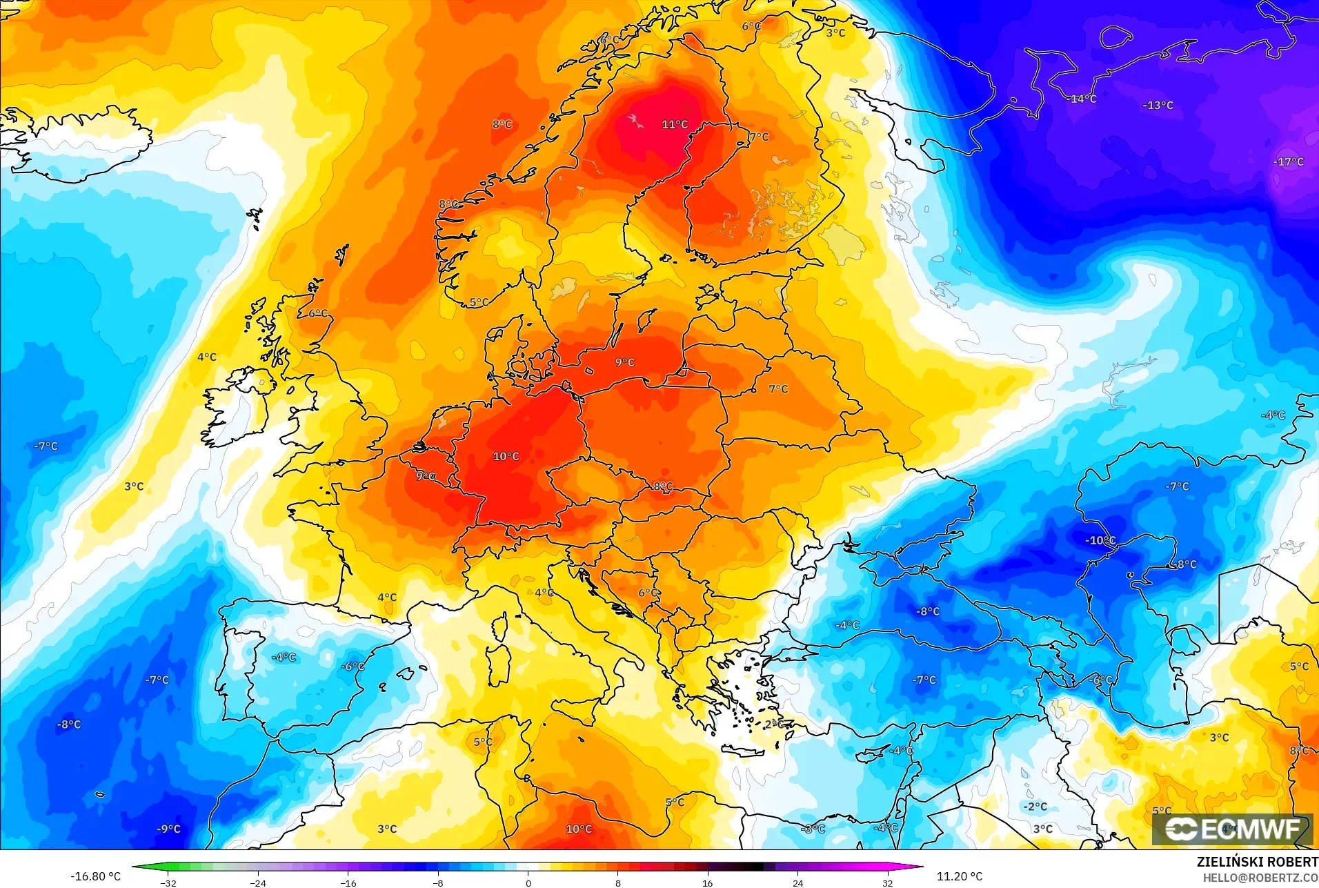 ECMWF IFS 0.25° model - Europe, Temperature at 850hPa Anomaly