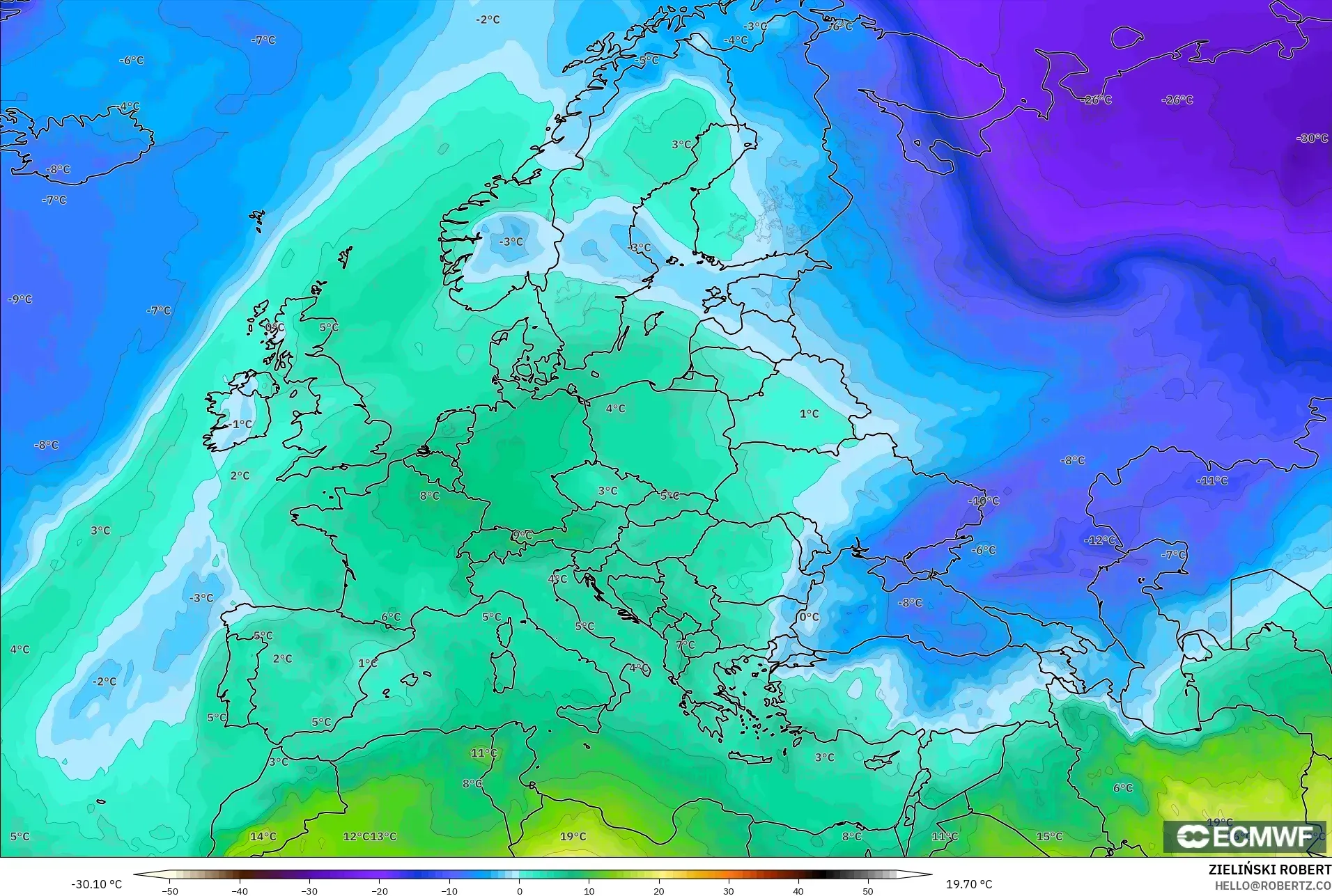 ECMWF IFS 0.25° model - Europe, Temperature at 850hPa