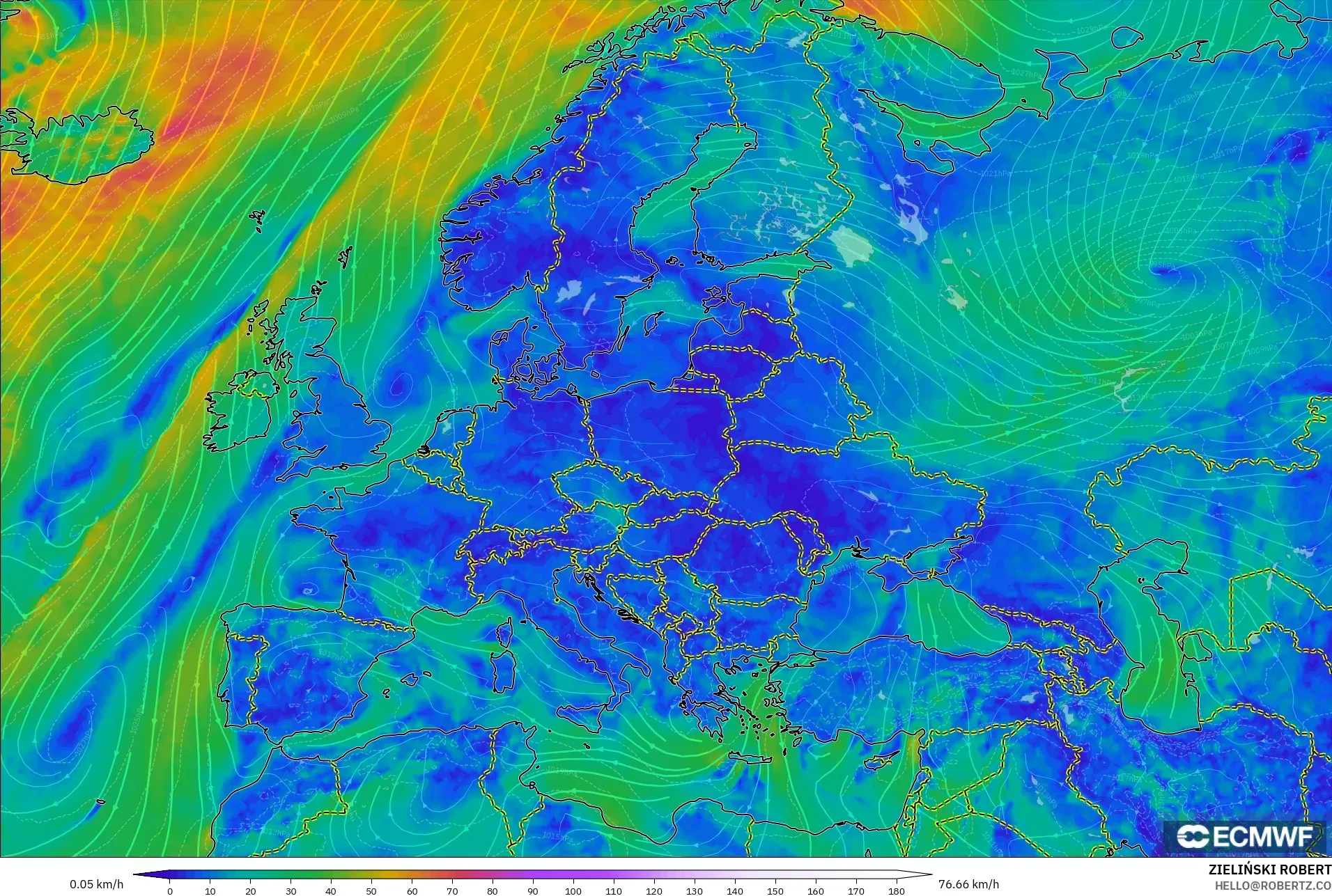 ECMWF IFS 0.25° model - Europe, Wind at 10m