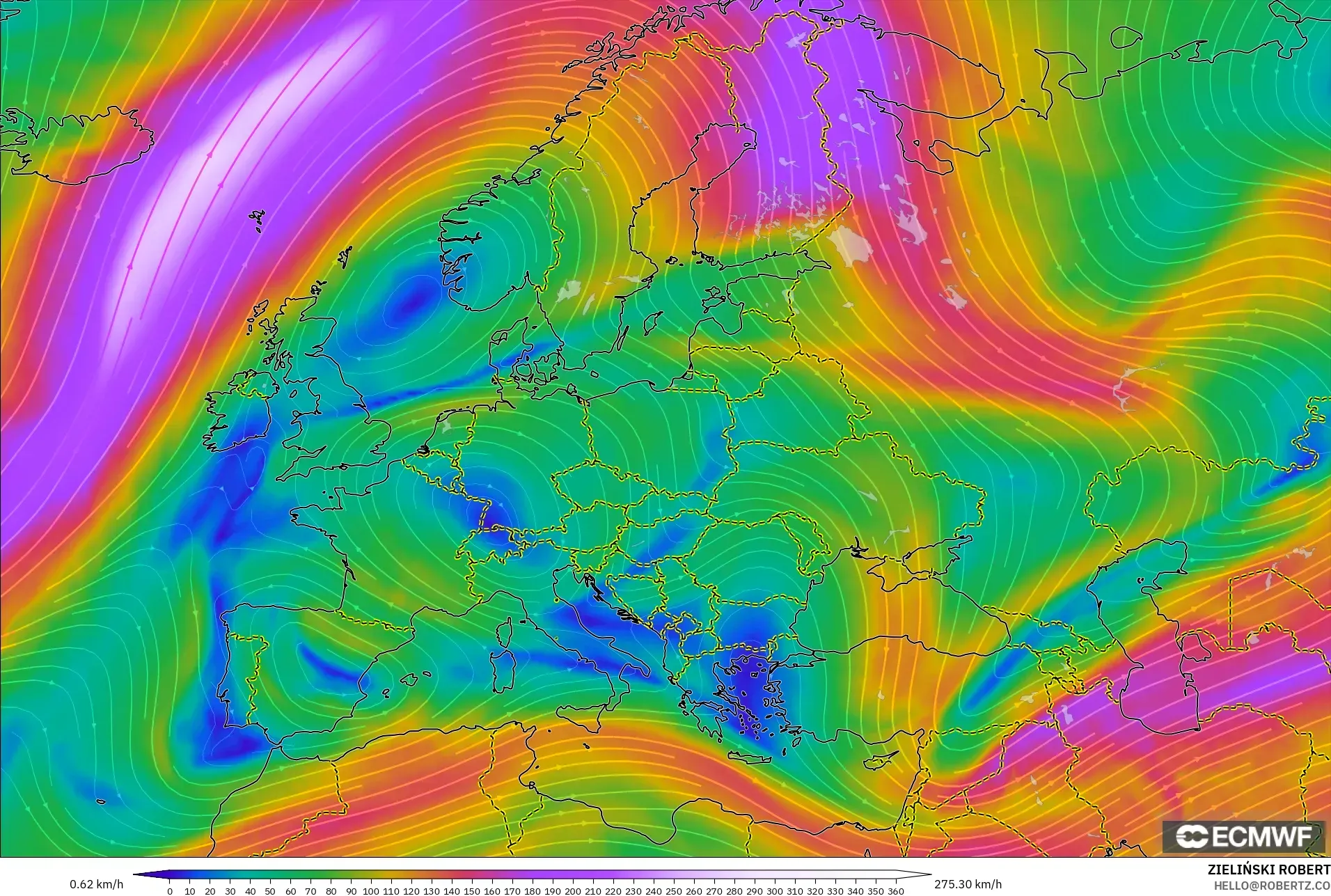 ECMWF IFS 0.25° model - Europe, Wind at 300hPa (jet stream)