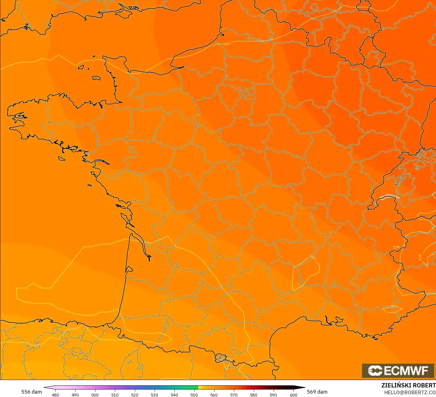 ECMWF IFS 0.25° model - France, Geopotential height at 500hPa