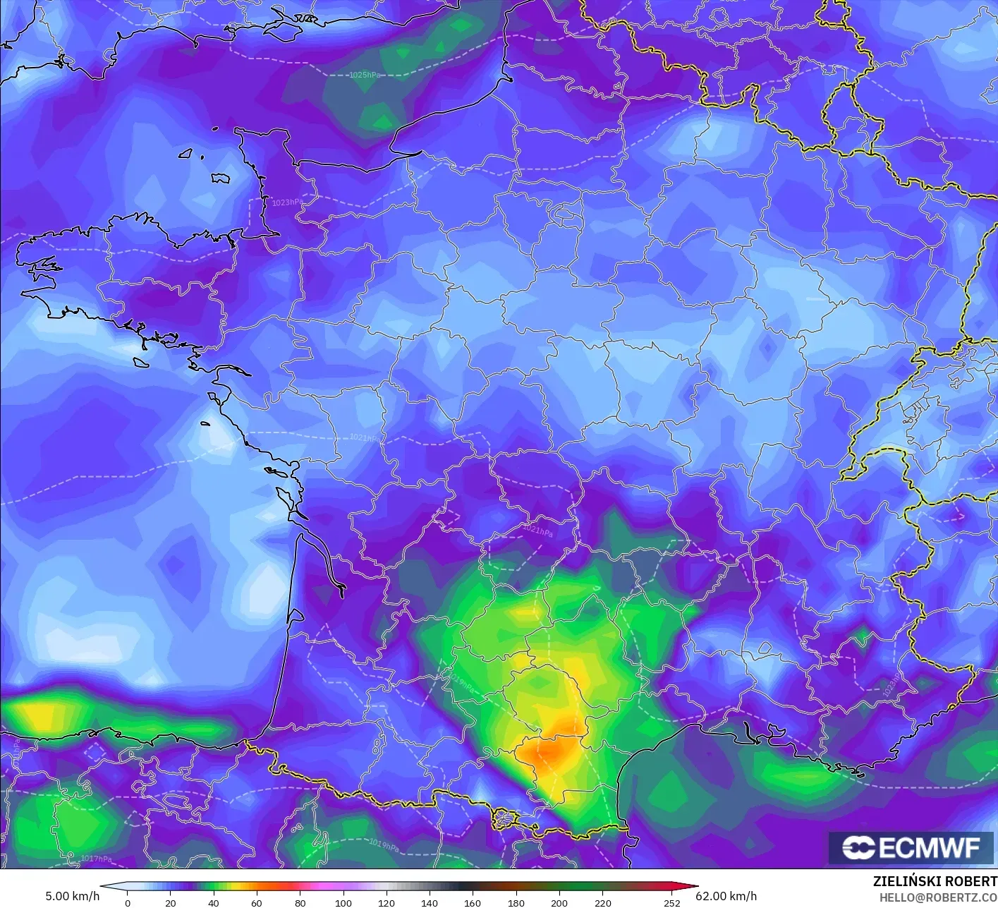 ECMWF IFS 0.25° model - France, Wind Gusts Peak