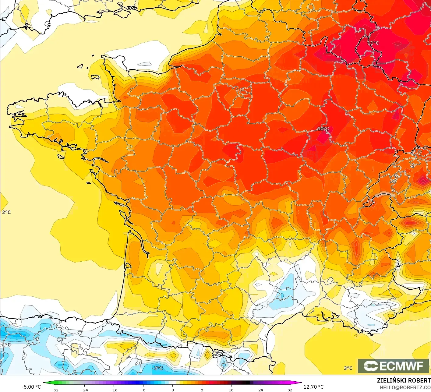 ECMWF IFS 0.25° model - France, Temperature at 2m Anomaly