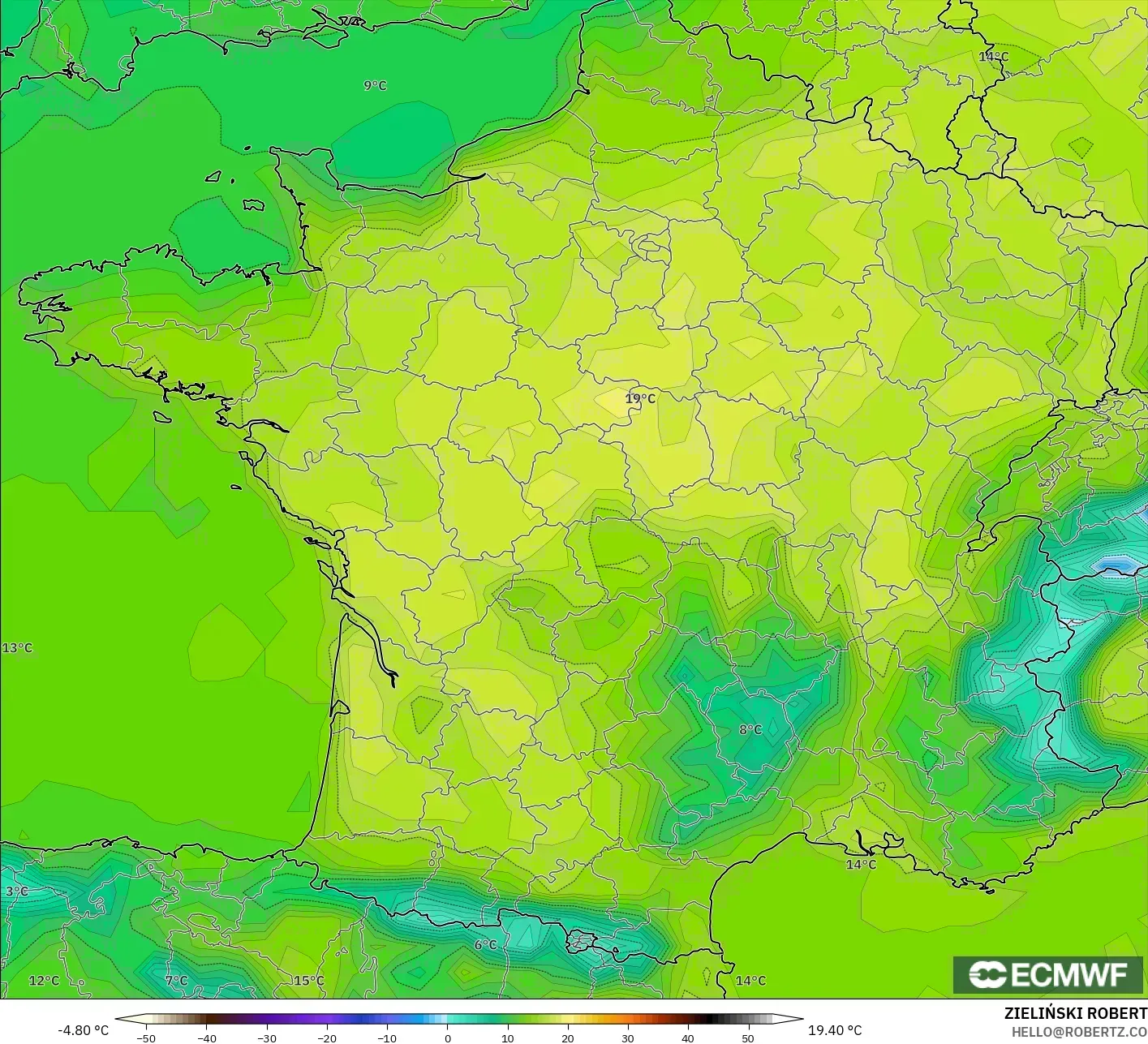 ECMWF IFS 0.25° model - France, Temperature at 2m