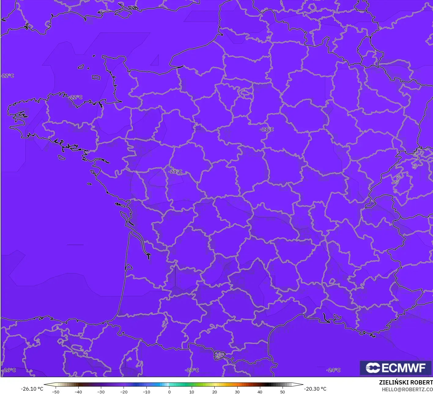ECMWF IFS 0.25° model - France, Temperature at 500hPa
