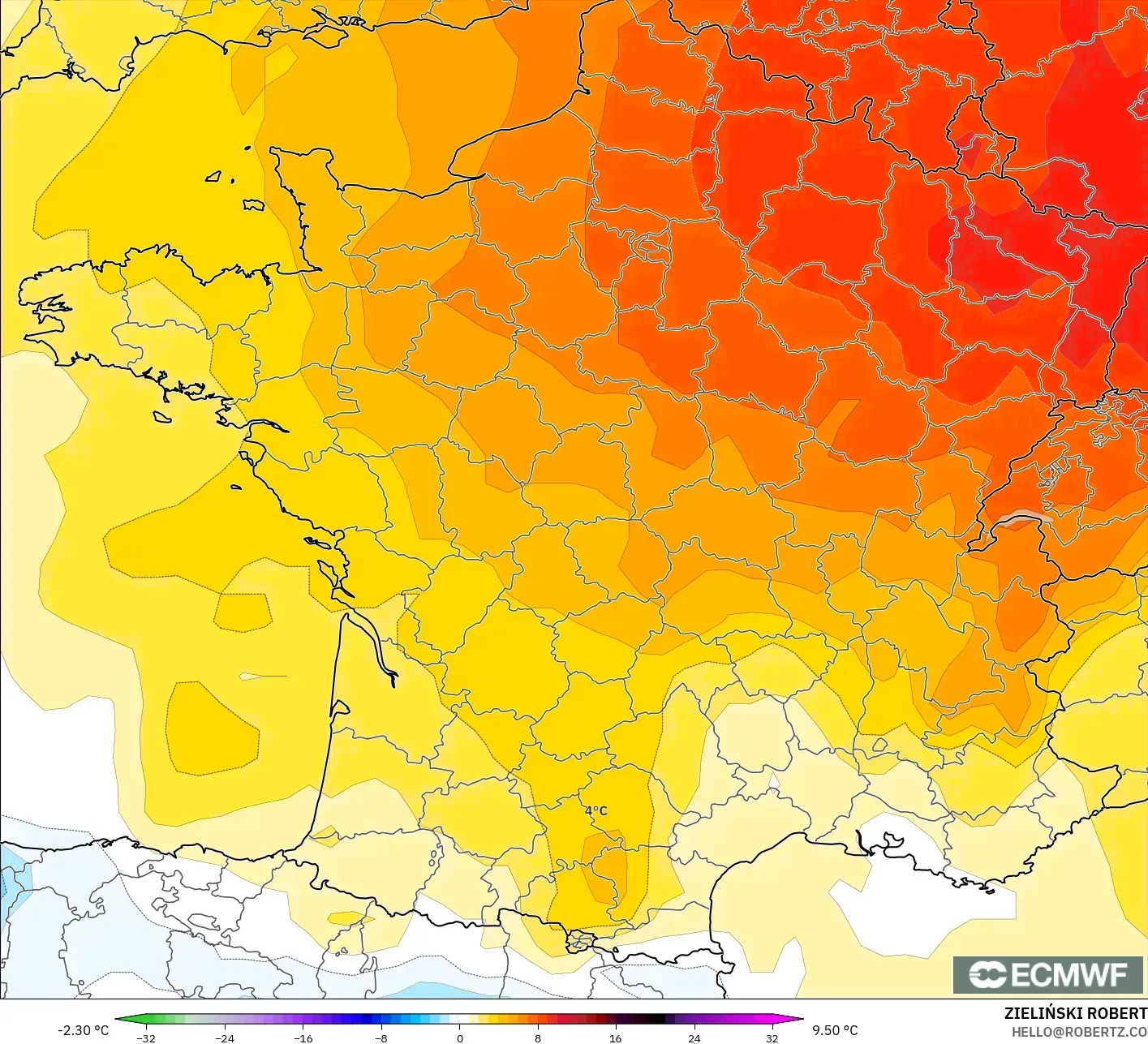 ECMWF IFS 0.25° model - France, Temperature at 850hPa Anomaly