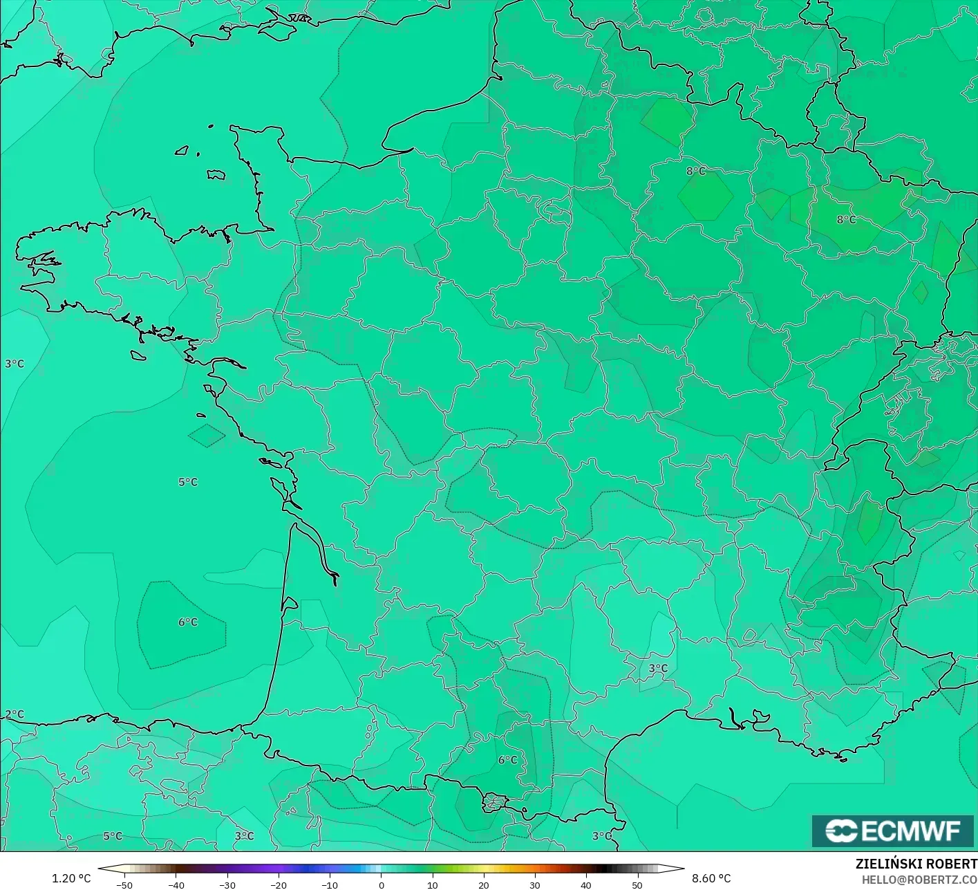 ECMWF IFS 0.25° model - France, Temperature at 850hPa