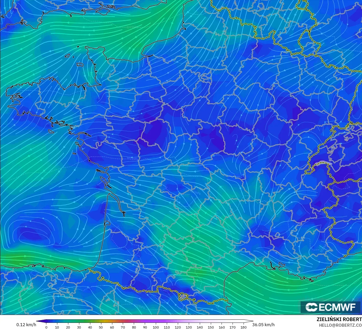 ECMWF IFS 0.25° model - France, Wind at 10m
