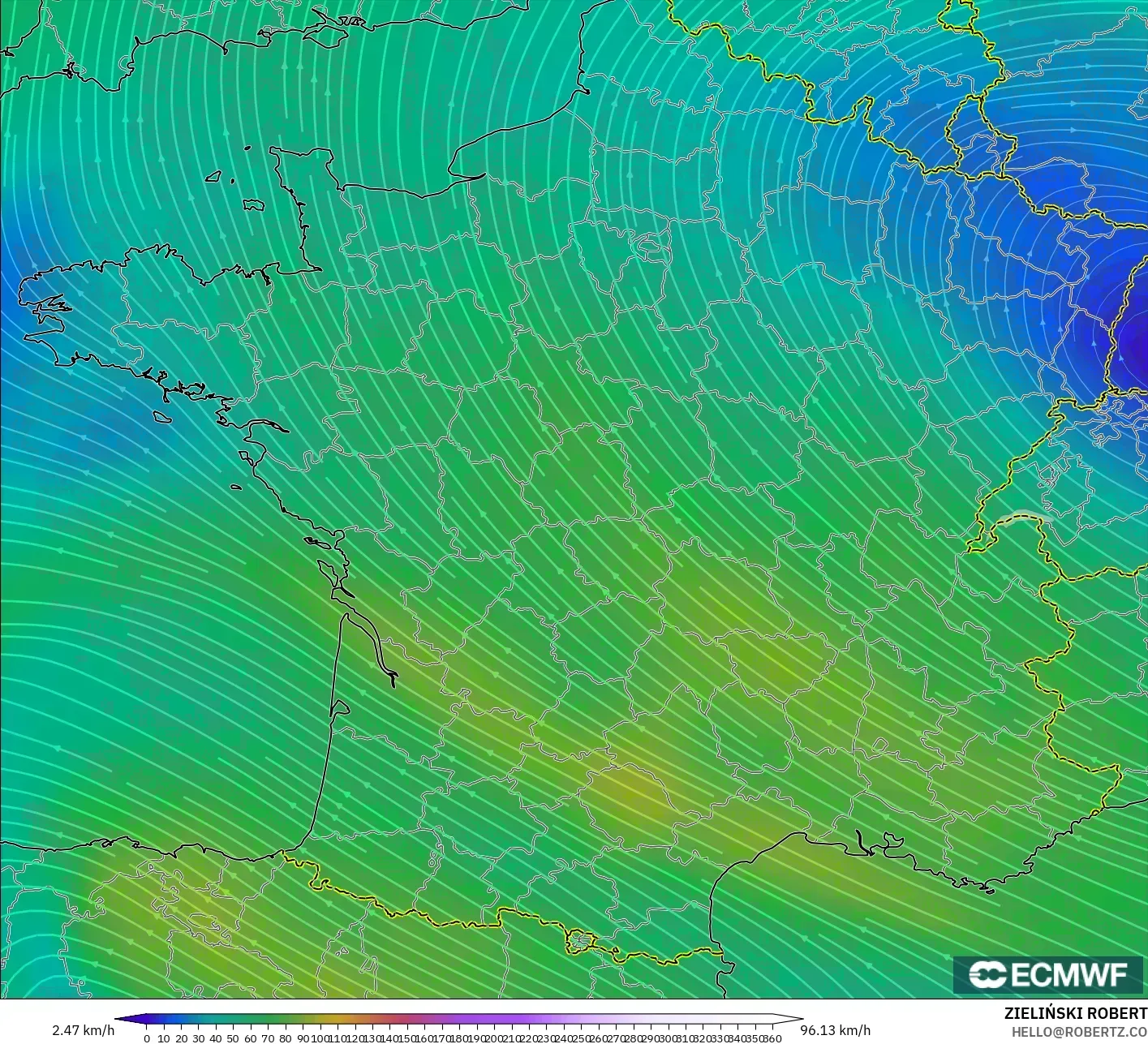 ECMWF IFS 0.25° model - France, Wind at 300hPa (jet stream)